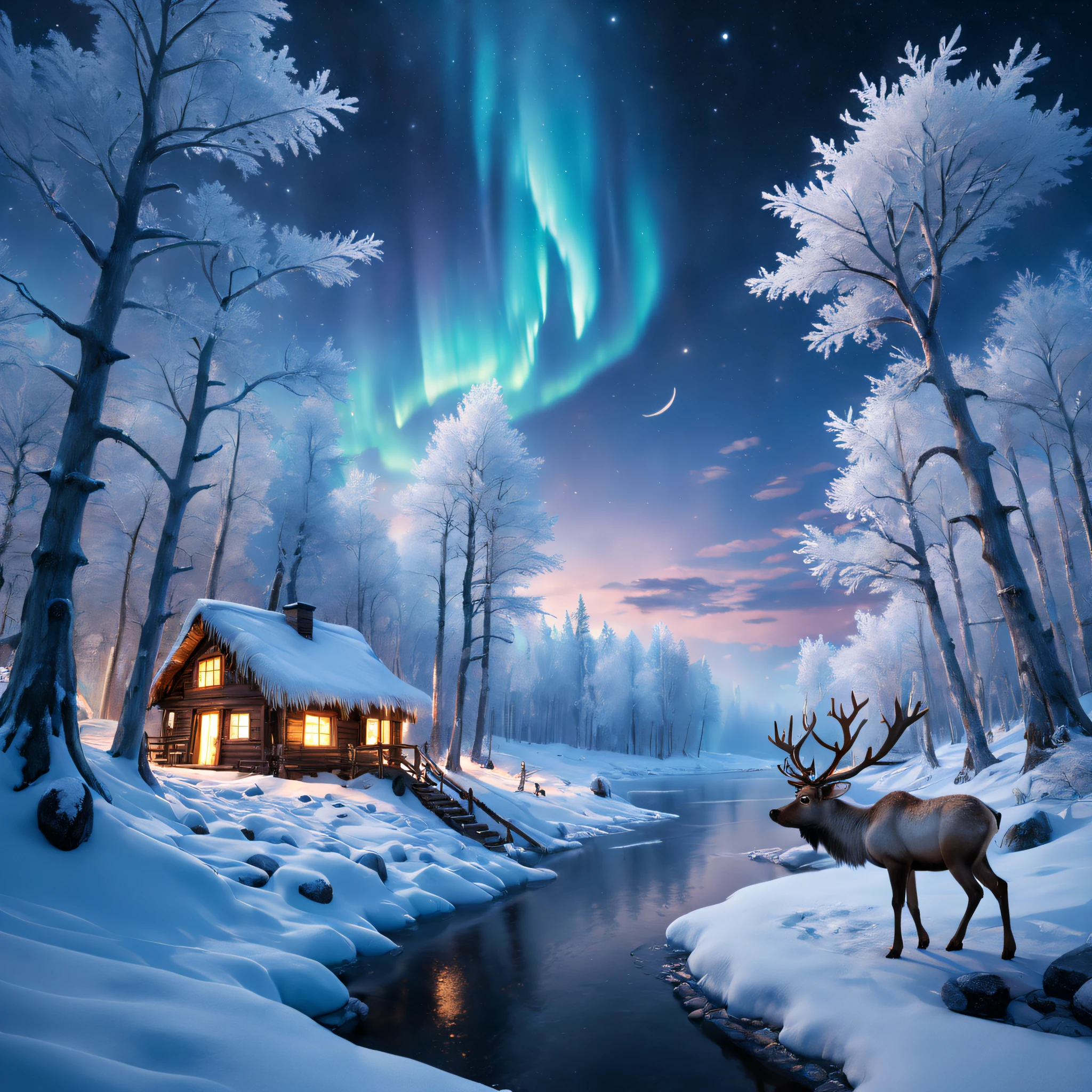 Starry night, (Rime)，Northern Lights, Towering snow-capped mountains, bonfires，A huge treehouse in the middle of a winter forest，Frozen branches are covered with hoarfrost。reindeer,yukito,sled,Winter wonderland,Vibrant colors, ​​clouds,Mist,New Moon,milky ways, Subtle shades of blue，Frost mist，Breathtaking landscapes, Icy cliffs, Frozen lake, peacful, Majestic beauty, ethereal glowing, A miracle of nature, Peaceful solitude, Celestial wonders, vast, Natural phenomena, Silent night, Serene reflection, glittering stars, Mysterious charm （best qualtiy，4K，8K，Tall structures，tmasterpiece：1.2），ultra - detailed，（realisticlying，photoreali，photograph realistic：1.37），hdr，hyper HD，studio lit，Extreme detail description，physically-based renderingt，professinal，Vivid colors。