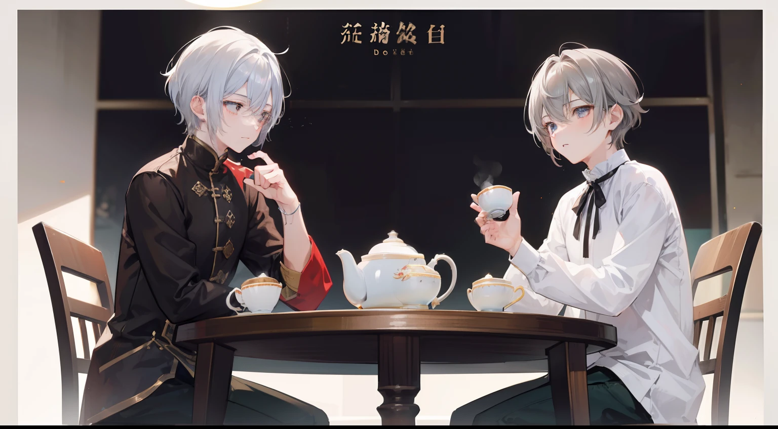 Two Boys, Silver-haired boy and brown-haired boy,Tea、Talking、hight resolution、ultra-detailliert