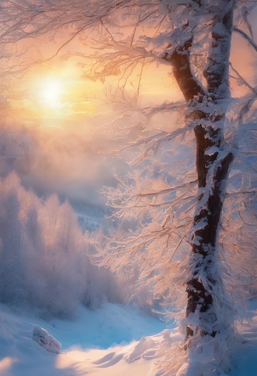at winter season，Oyuki，snow landscape，（（（Rime））），coyote，rays of sunshine，thin fog，Dingdall effect，super-fine，tmasterpiece，8K，depth of fields，ultra - detailed，Meticulous portrayal，Ultra photo realsisim，Hyper-realistic