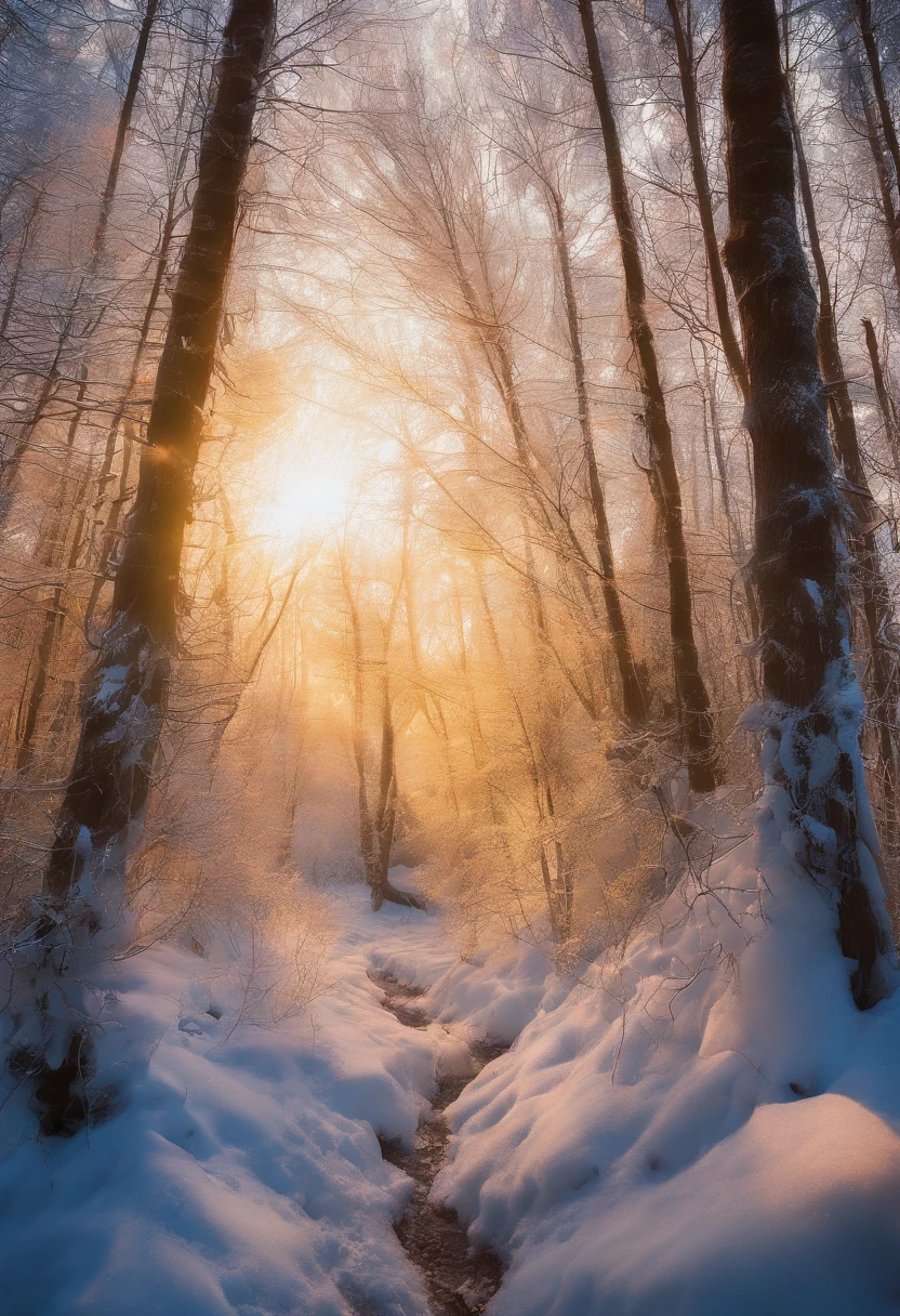 at winter season，Oyuki，snow landscape，（（（Rime））），coyote，rays of sunshine，thin fog，Dingdall effect，super-fine，tmasterpiece，8K，depth of fields，ultra - detailed，Meticulous portrayal，Ultra photo realsisim，Hyper-realistic