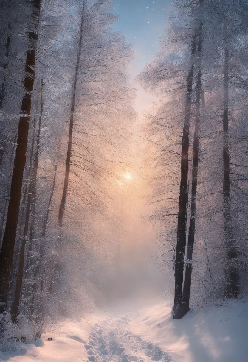 at winter season，Oyuki，snow landscape，（（（Rime））），coyote，rays of sunshine，thin fog，Dingdall effect，super-fine，tmasterpiece，8K，depth of fields，ultra - detailed，Meticulous portrayal，Ultra photo realsisim，Hyper-realistic