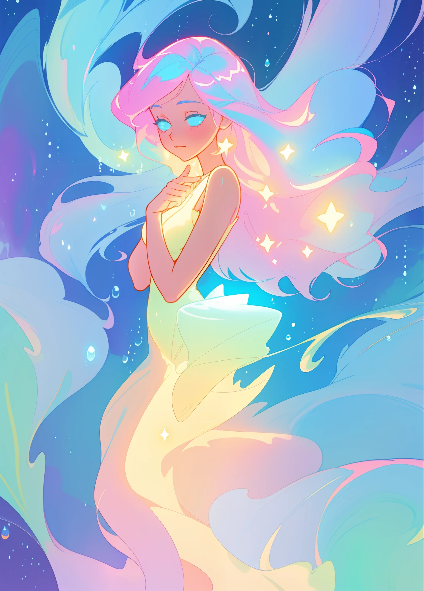 Beautiful girl, Fluffy white layered prom dress, Fantastic underwater environment,There are bubbles,vibrant pastel colors, (Colorful), Colorful liquid long hair, magical lighting, A magical liquid that sparkles, inspired by Glen Keane, inspired by Lois van Baarle, disney artstyle, Flowing water droplets,Abundant fish school author:Lois van Baarle, glowing aura around her, author:Glenn Keane, jen bartel, Glowing lights! Digital painting, flowing glowing hair, glowing flowing hair, Beautiful digital illustration, Fantasia background, Whimsical, magical, fantasy, ((Masterpiece, Best quality)), Intricate details, Highly detailed, Sharp focus, 8K resolution, Sparkling detail eyes, Liquid watercolor