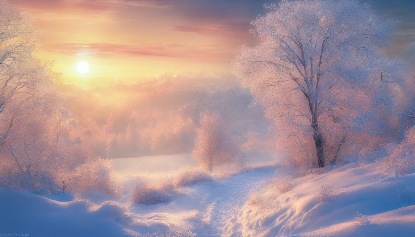 at winter season,Oyuki,snow landscape,The tree,(((Rime))),the setting sun,thin fog,Dingdall effect,super-fine,tmasterpiece,8K,depth of fields,ultra - detailed,Meticulous portrayal,Ultra photo realsisim,Hyper-realistic