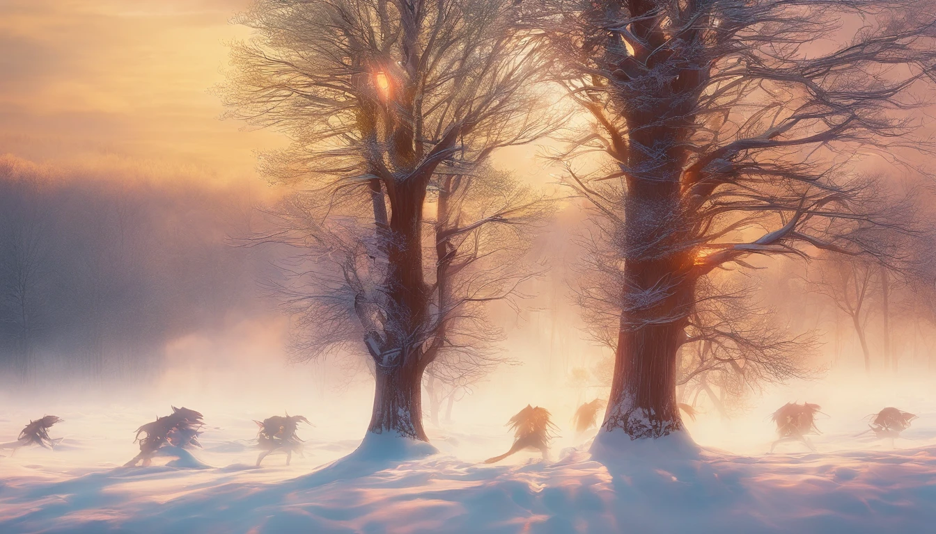 at winter season，Oyuki，snow landscape，（（（Rime））），coyote，rays of sunshine，thin fog，Dingdall effect，super-fine，tmasterpiece，8K，depth of fields，ultra - detailed，Meticulous portrayal，Ultra photo realsisim，Hyper-realistic