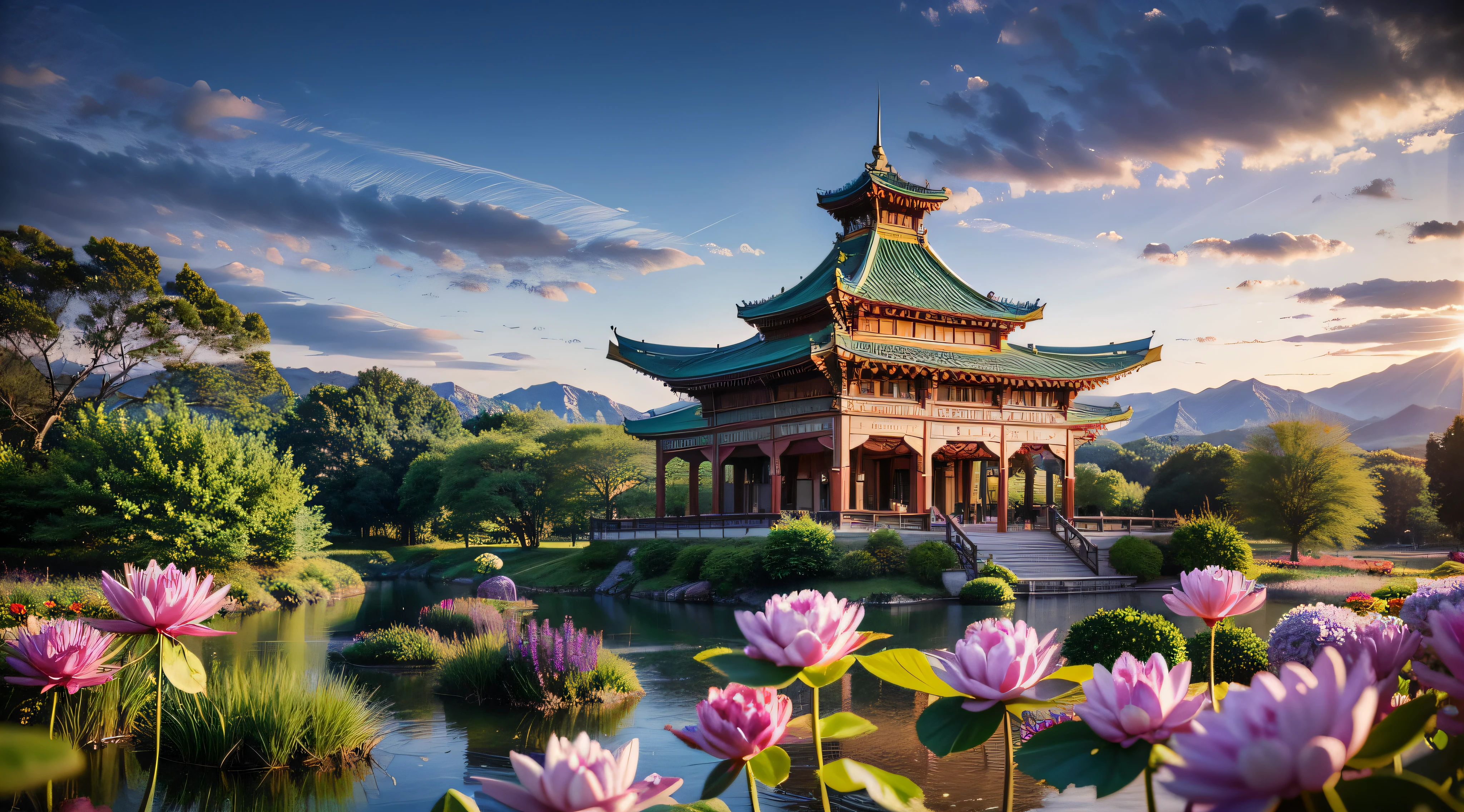 a close up of a field of flowers with a building in the background, Beautiful Peace Scene, the grand temple of flowers, a temple background, background artwork, Beautiful anime scenery, the most beautiful landscape, Beautiful scene, lotus pond, grand background, landscapes, beautiful render of tang dynasty, Very beautiful scenery, blissful landscape, Colorful movie background、Fantasia、Reddish-purple world、62k