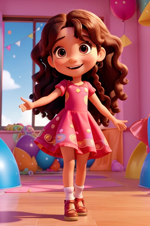 Estilo 3D Pixar, 9  girl with long curly hair wearing birthday party dress, Feliz, With open arms and a smile on his face, olhos pretos, pele morena. In the background, Birthday party with toboggan run, trampolines and children played