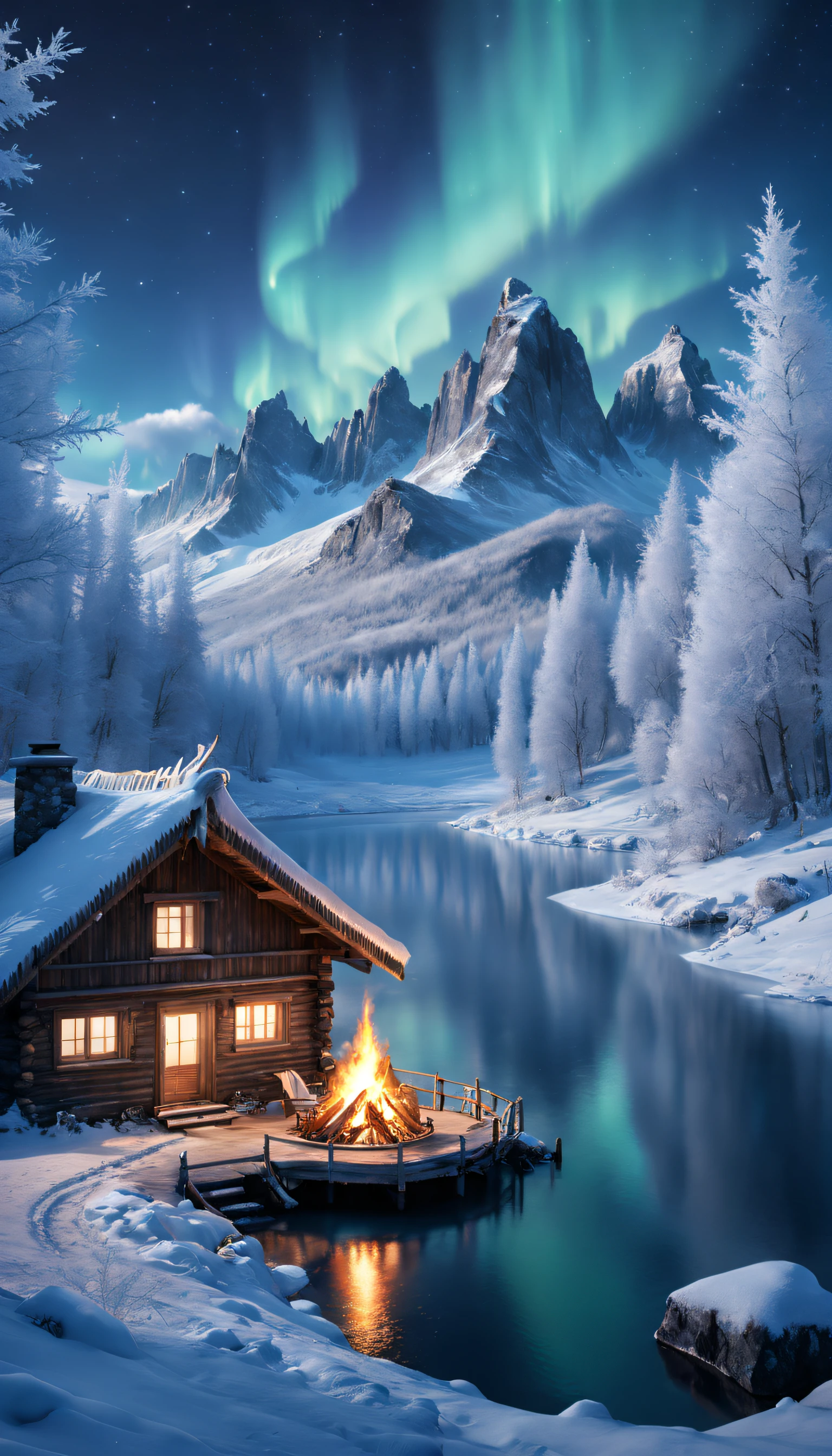 Starry night, (Rime),Northern Lights, Towering snow-capped mountains, bonfires,A chalet in the middle of the winter forest,Frozen branches are covered with hoarfrost。reindeer,yukito,sled,Winter wonderland,Vibrant colors, Subtle shades of blue,Frost mist,Breathtaking landscapes, Icy cliffs, Frozen lake, peacful, Majestic beauty, ethereal glowing, A miracle of nature, Peaceful solitude, Celestial wonders, vast, Natural phenomena, Silent night, Serene reflection, glittering stars, Mysterious charm (best qualtiy,4K,8K,Tall structures,tmasterpiece:1.2),ultra - detailed,(realisticlying,photoreali,photograph realistic:1.37),hdr,hyper HD,studio lit,Extreme detail description,physically-based renderingt,professinal,Vivid colors。
