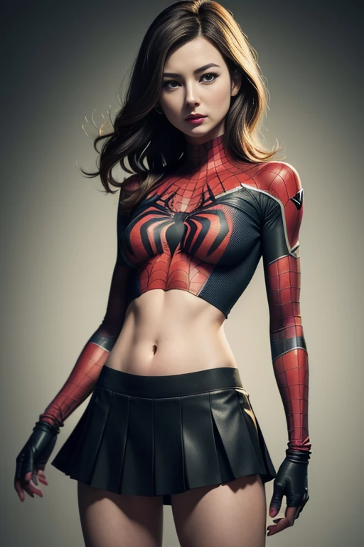 Emily VanCamp、Sticking out the navel、newyork、She wears a torn Spider-Man suit,wearing skirt、 Red and black color scheme,Dynamic、masterpiece、top-quality、ultra-detailliert、ighly detailed、beautiful detailed brilliance、超A high resolution