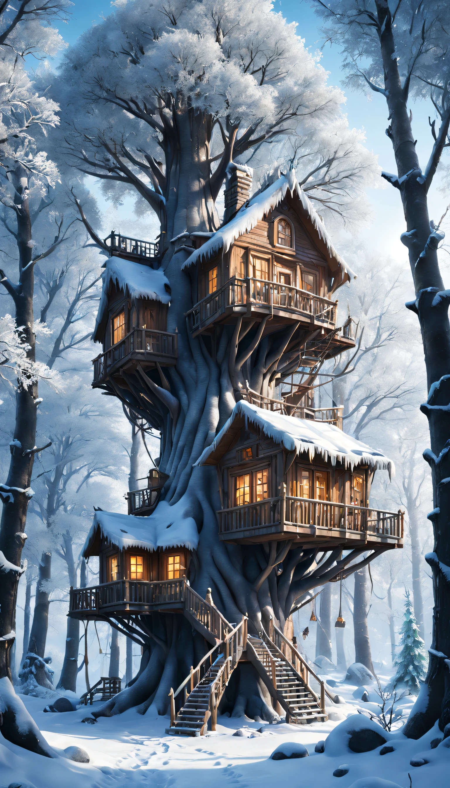 （best qualtiy，4k，8k，Tall structures，tmasterpiece：1.2），hyper-detailing，（realisticlying，Foto realism，Photo fidelity：1.37），A huge treehouse in the middle of a winter forest，Frozen branches are covered with hoarfrost。The treehouse is well-crafted，The details and textures are intricate。Overall image quality is the highest，The resolution is 4K or 8K，Every detail was captured。The scene is very realistic，Realistic rendering brings forests and treehouses to life。Winter forests surround the treehouses，Snow-capped trees and tranquil atmosphere。Icy branches glistened in the sun，Adds a magical touch to the scene。Colorful and vibrant，Creates visually stunning compositions。The lighting has been carefully designed，The beauty of the treehouse and forest is highlighted。