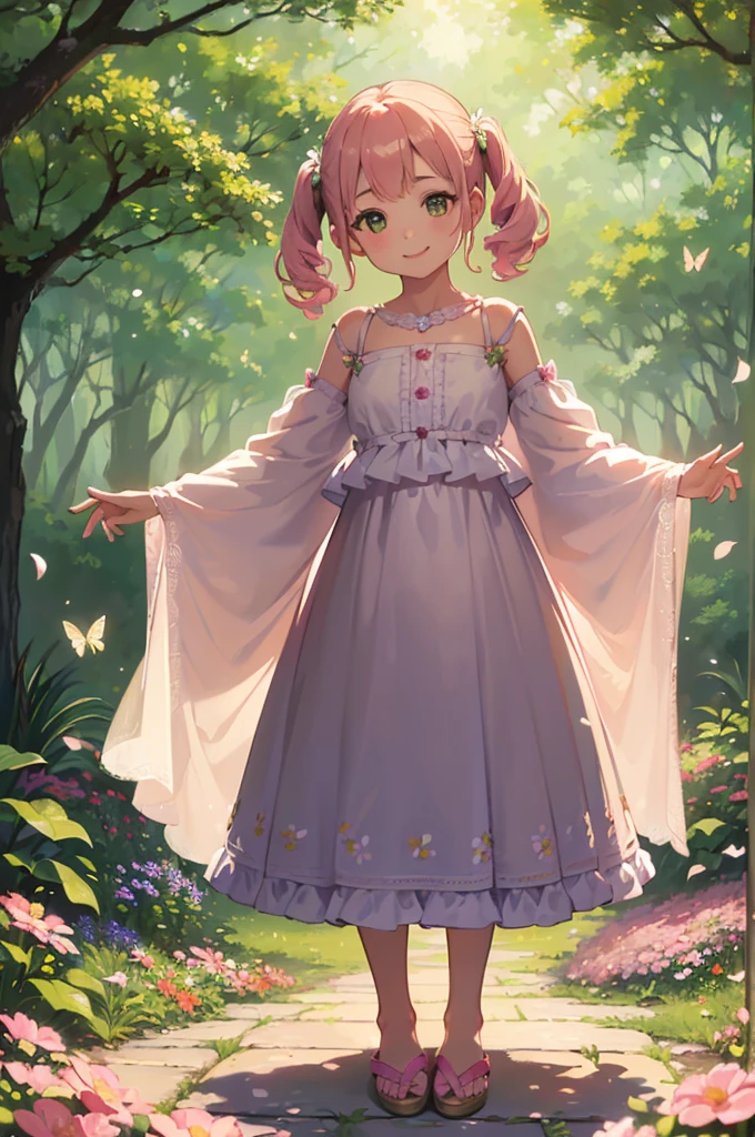 (best quality, highres, ultra-detailed), realistic, (portrait:1.2), (vivid colors), (soft lighting), (medium:oil painting), (color palette:green), (background:lush garden), (detailed flowers and trees), (sunlight filtering through foliage), (gentle breeze), (playful expression), (standing pose), (surrounded by butterflies), (happy atmosphere), (blurred background), (innocent smile), (carefree mood), (freckles), (joyful eyes), (delicate features), (natural sunlight:1.1), (soft shadows), (whimsical elements), (shimmering highlights), (subtle facial contours), (expressive eyes:1.1), (pink rosy cheeks), (subtle hair strands), (loose pigtails), (dynamic movement), (playful charm), (peaceful ambiance), (harmonious composition), (colorful floral patterns on skirt), (dainty slippers), (grass and flower petals at feet), (beautifully styled hair).