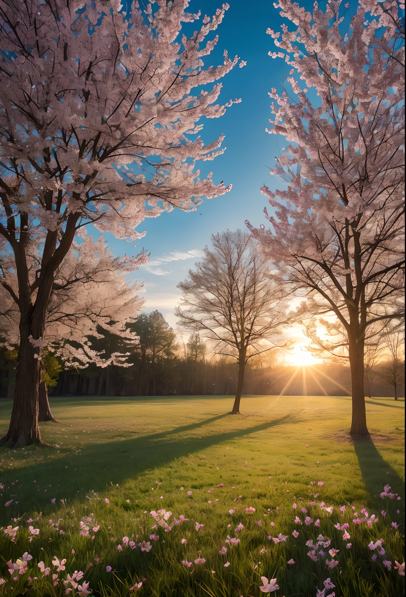 Realistic photo, Masterpiece, Spring morning at sunrise,Filled with the sweet smell of life, On open grass