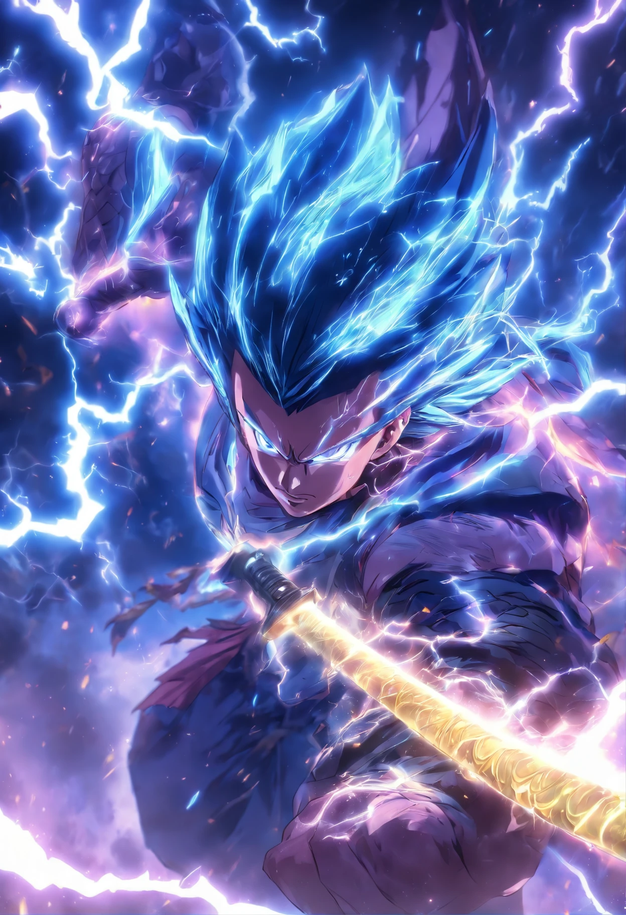 (Masterpiece), (best qualtiy), Cinematic quality,rendering by octane,Ultra-detailed details,1st Place: Ancient Chinese Boys,Face of a young man,Detailed portrayal of the face,Perfect facial features,(wave:1.5),raiden,salama,Lei Yikai,spatter,erupting,blasts,Particle,Lightning current body,Lightning beam, gazing, watch audience, A cloak that covers the whole body, (Armed with a lightning knife:1.2), (Behind him,It's a thunderbolt dragon:1.5)