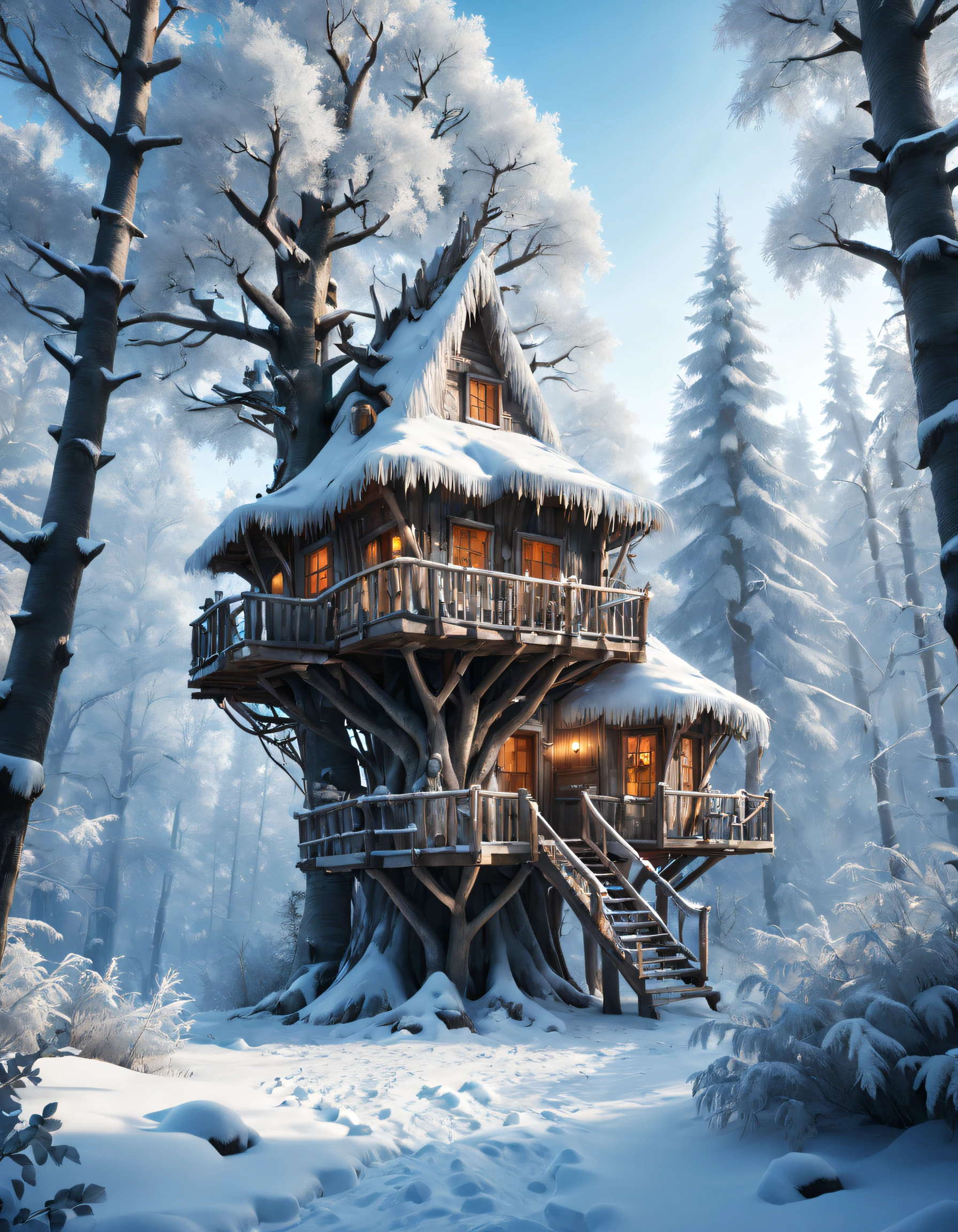 （best qualtiy，4k，8k，Tall structures，tmasterpiece：1.2），hyper-detailing，（realisticlying，Foto realism，Photo fidelity：1.37），A huge treehouse in the middle of a winter forest，(Rime)，Frozen branches are covered with hoarfrost。The treehouse is well-crafted，The details and textures are intricate。Overall image quality is the highest，The resolution is 4K or 8K，Every detail was captured。The scene is very realistic，Realistic rendering brings forests and treehouses to life。Winter forests surround the treehouses，Snow-capped trees and tranquil atmosphere。Icy branches glistened in the sun，Adds a magical touch to the scene。Colorful and vibrant，Creates visually stunning compositions。The lighting has been carefully designed，The beauty of the treehouse and forest is highlighted。