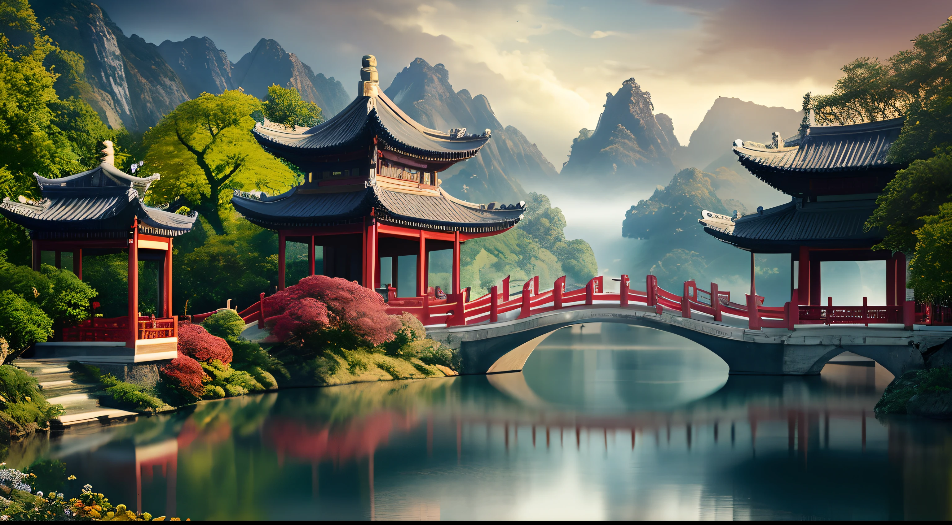 Masterpiece, best quality, high quality, extremely detailed CG unity 8k wallpaper, classical Chinese garden, landscape, amsterdam, pedestrian, outdoor, sky, daytime, landscape, water, tree, blue sky, waterfall, nature, lake, river, cloudy sky, award winning photography, bokeh, depth of field, HDR, bloom, chromatic aberration, realism, very detailed, trends on artstation, trends on CGsociety, intricate, high detail, dramatic, Midjourney art
