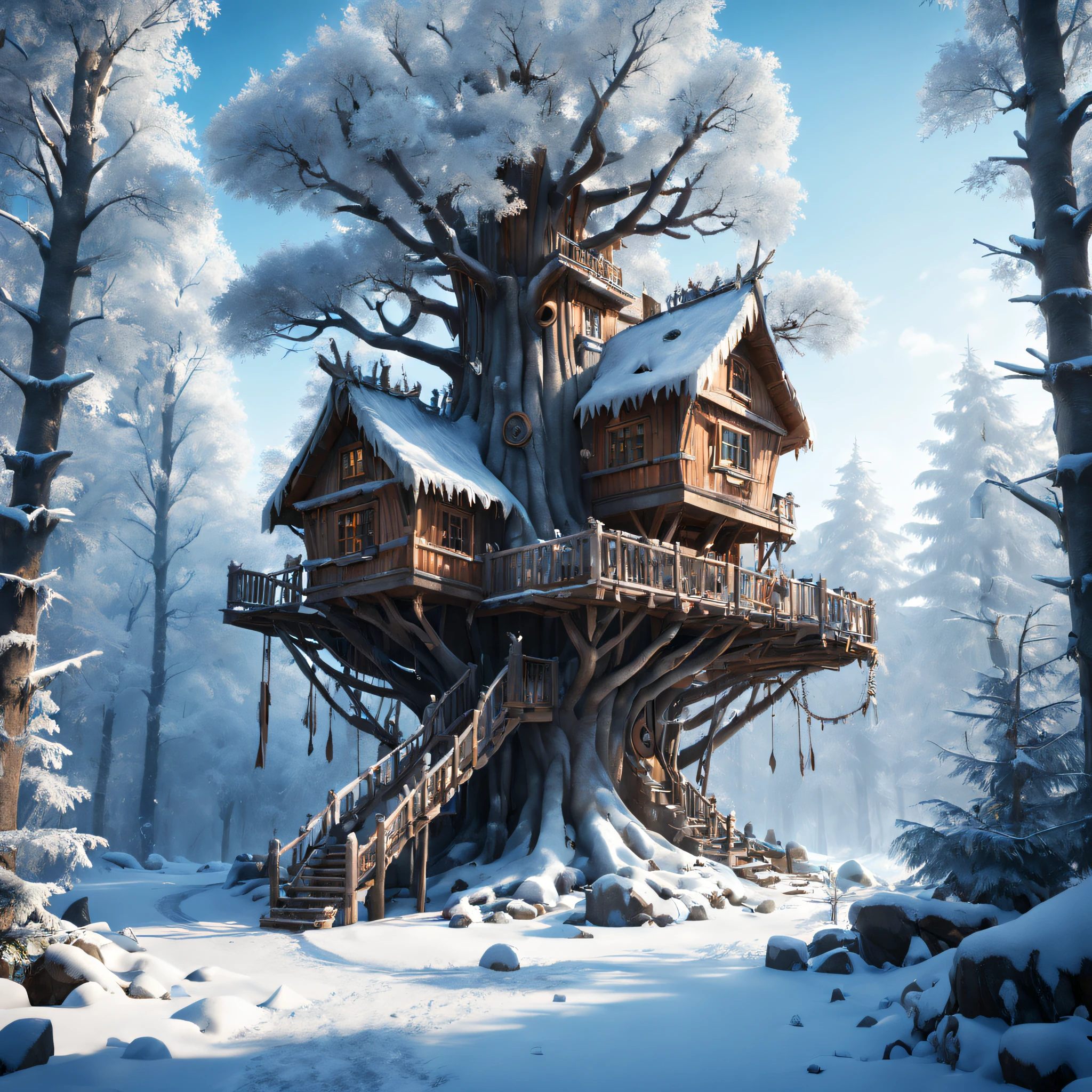 (best qualtiy,4k,8k,Tall structures,tmasterpiece:1.2),hyper-detailing,(realisticlying,Foto realism,Photo fidelity:1.37),A huge treehouse in the middle of a winter forest,(Rime),Frozen branches are covered with hoarfrost。The treehouse is well-crafted,The details and textures are intricate。Overall image quality is the highest,The resolution is 4K or 8K,Every detail was captured。The scene is very realistic,Realistic rendering brings forests and treehouses to life。Winter forests surround the treehouses,Snow-capped trees and tranquil atmosphere。Icy branches glistened in the sun,Adds a magical touch to the scene。Colorful and vibrant,Creates visually stunning compositions。The lighting has been carefully designed,The beauty of the treehouse and forest is highlighted。