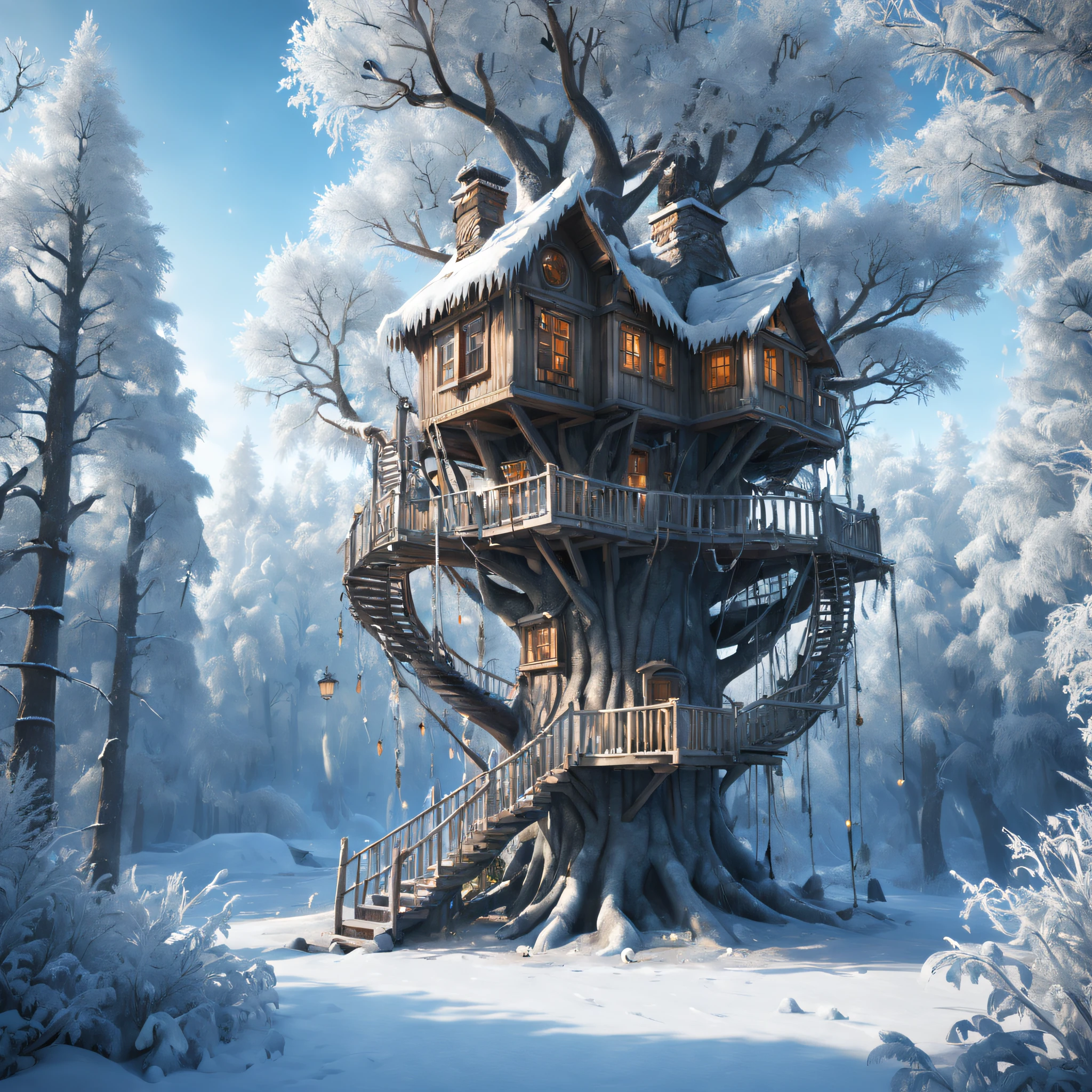 (best qualtiy,4k,8k,Tall structures,tmasterpiece:1.2),hyper-detailing,(realisticlying,Foto realism,Photo fidelity:1.37),A huge treehouse in the middle of a winter forest,(Rime),Frozen branches are covered with hoarfrost。The treehouse is well-crafted,The details and textures are intricate。Overall image quality is the highest,The resolution is 4K or 8K,Every detail was captured。The scene is very realistic,Realistic rendering brings forests and treehouses to life。Winter forests surround the treehouses,Snow-capped trees and tranquil atmosphere。Icy branches glistened in the sun,Adds a magical touch to the scene。Colorful and vibrant,Creates visually stunning compositions。The lighting has been carefully designed,The beauty of the treehouse and forest is highlighted。