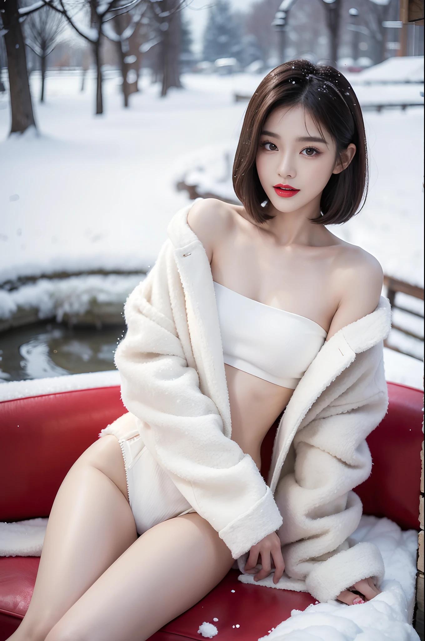 best quality, 4k, 8k, Detailed faces, clear face, a pretty girl, Korean makeup, Red lips,laugh, perfect body,shoulder length straight bob hair,small breasts,thigh,slim,thin, The girl wears a wide white mink fur coat, Underneath the jacket was white sweater, Snowscape, winter, garden,