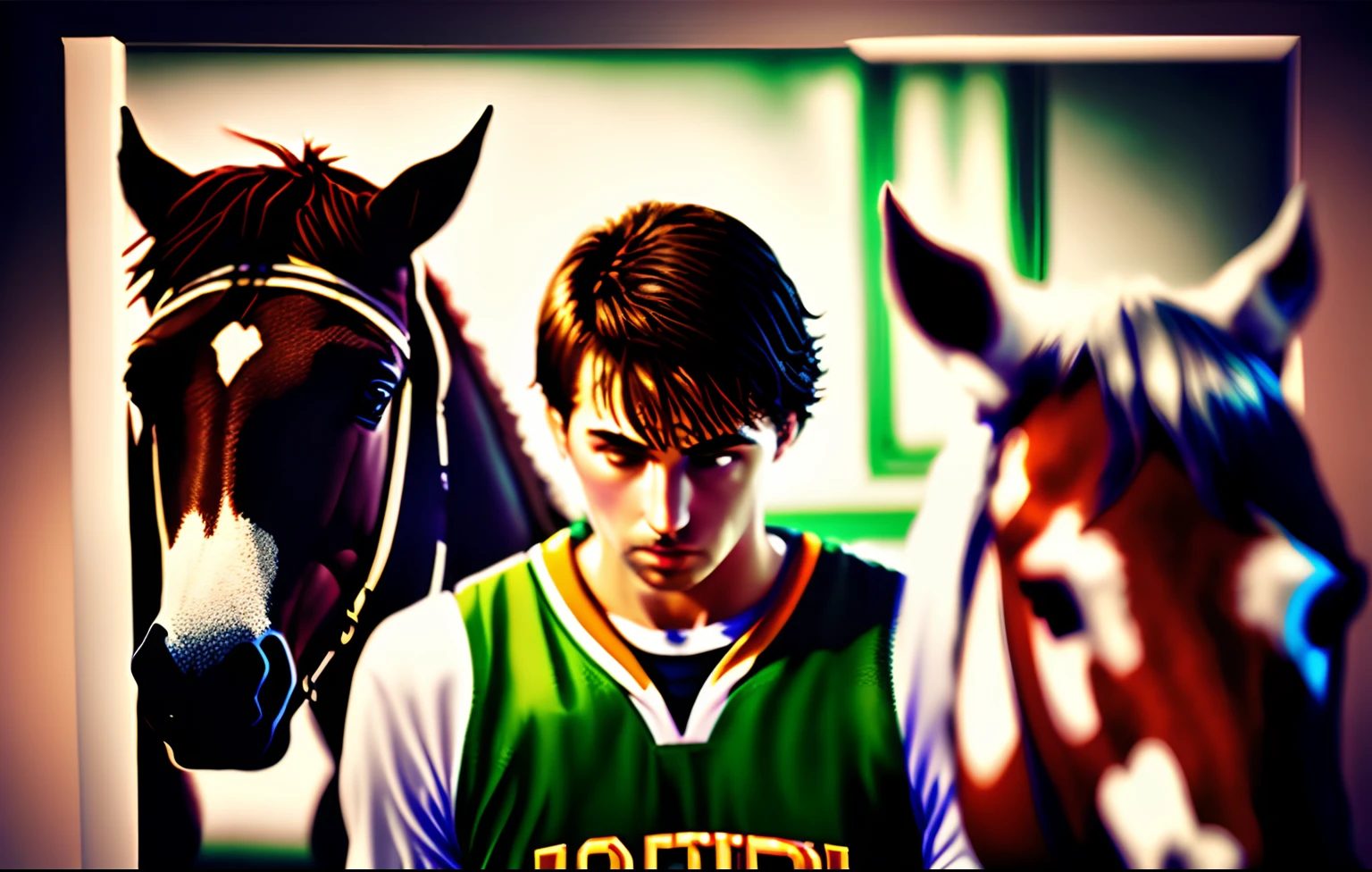 (best quality,4k,8k,highres,masterpiece:1.2),ultra-detailed,(realistic,photorealistic,photo-realistic:1.37),HDR,UHD,studio lighting,ultra-fine painting,sharp focus,physically-based rendering,extreme detail description,professional,vivid colors,bokeh,Colts basketball green uniforms, horses playing, landscape, portraits, dark colors, dramatic lighting