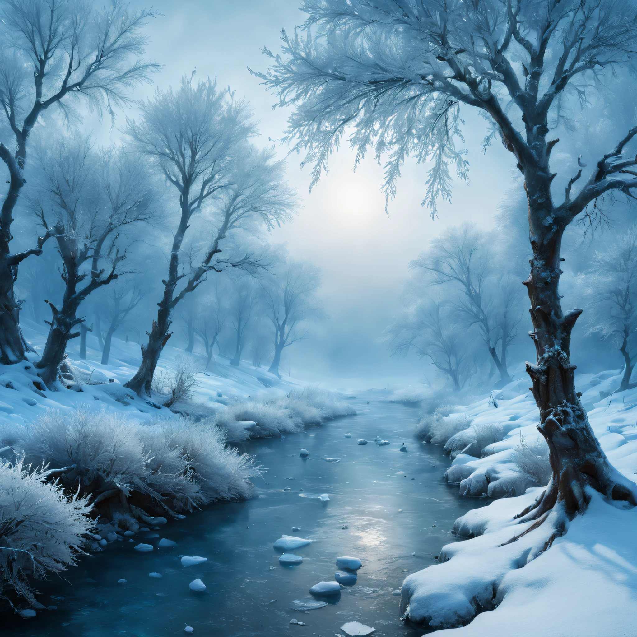 the witcher，thousands of Rime，Honest and clumsy，Nature's winter scenery，Snow-capped trees，Icy branches，Ethereal atmosphere，Subtle shades of blue，Frost mist，Fantastic view，EtherealBeauty，Delicate ice crystals，A sparkling winter wonderland，Winter tranquility，Tranquil stillness，Subtle sunlight pierces through the mist，A unique cold，Calm and tranquil atmosphere，Harmony of natural elements，Surreal and captivating beauty，Perfectly preserved winter scenes，Amazing frozen landscape，（best qualtiy，4k，8k，Tall structures，tmasterpiece：1.2），ultra - detailed，（realisticlying，photoreali，photograph realistic：1.37），HDR，hyper HD，studio lit，extreme detail description，physically-based renderingt，professinal，Vivid colors。