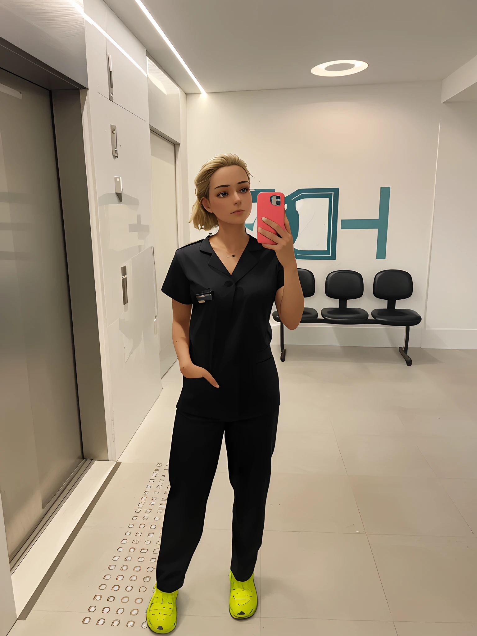 "a woman doctor using uniform after a long day at work", blonde hair, doctor is seen wearing a uniform, masterpiece, realistic, high resolution, high quality, highest quality, best quality, ultra detailed, extremely detailed,