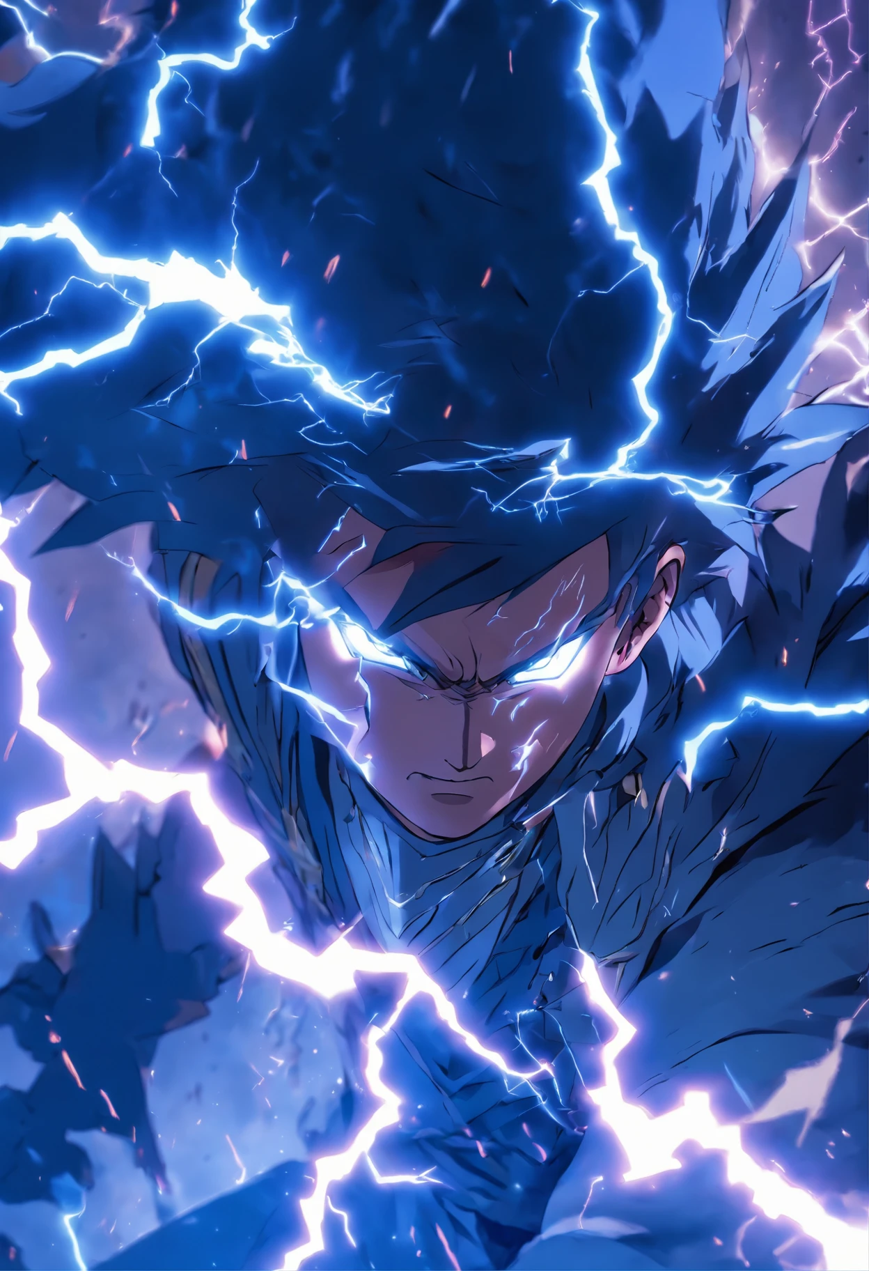 (Masterpiece), (best qualtiy), Cinematic quality,rendering by octane,Ultra-detailed details,1 st place: Ancient Chinese boy,Face of a young man,Detailed portrayal of the face,Perfect facial features,raiden,salama,spatter,erupting,blasts,Particle, Gaze towards the viewer, A cloak that covers the whole body, (Armed with a lightning knife:1.3), (Behind him,It's a thunderbolt dragon:1.5)
