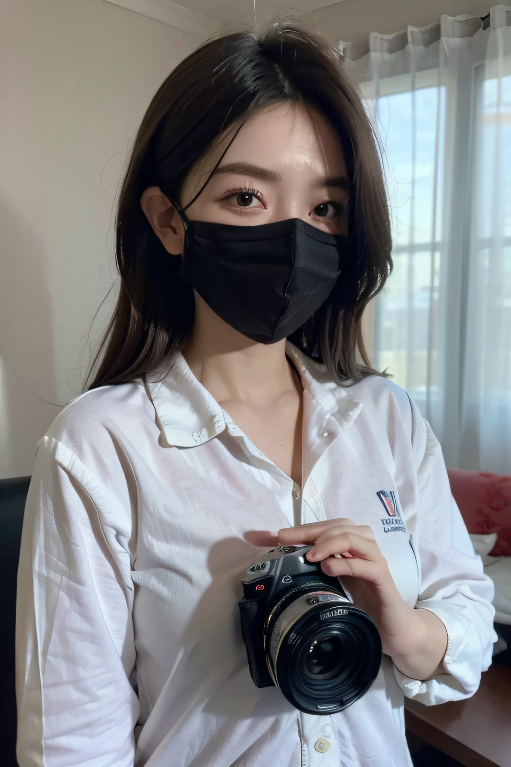 (best quality,4k,8k,highres,masterpiece:1.2),ultra-detailed,(realistic,photorealistic,black facemask,shirt,camera photo noise,photo-realistic:1.37),1 girl,hoodie,black hair,portraits,vivid colors,fine details,fresh air,hotel room background,happy,innocent expression,gentle smile,clear blue sky,soft breeze,subtle shadows,peaceful and serene vibe,crisp and vibrant colors,selfie pose