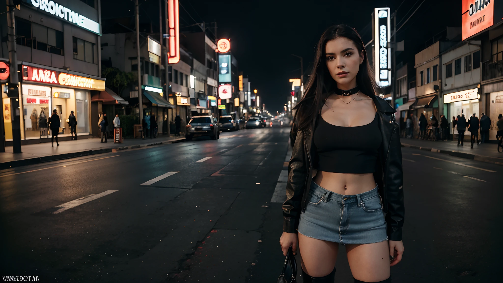 Garota loira de 19 anos, standing, ereta, standing on her feet, standingn, nua, nsfw, muito bonita, athletic, cabelos loiros, olhos azuis, red-lips, franja, usando short denim skirt, saia muito curta, pernas grossas, pernas bonitas, cintura estreita, abdome exposto, NSFW, botas de coxa de couro preto, saia denim curta, denim mini-skirt, mini-saia, saia curta azul, cinto de couro preto, seios pequenos, mamilos rosados, porcelain skin, The girl is wearing a black leather choker, the girl is wearing black leather boots, botas de coxa de couro preto, The girl is standing on a street in a cyberpunk city, cidade cyberpunk futurista, estilo blade runner, cena noturna, luzes da cidade,