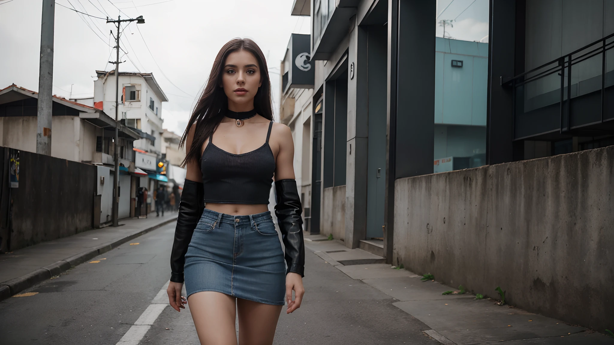 Garota loira de 19 anos, standing, ereta, standing on her feet, standingn, nua, nsfw, muito bonita, athletic, cabelos loiros, olhos azuis, red-lips, franja, usando short denim skirt, saia muito curta, pernas grossas, pernas bonitas, cintura estreita, abdome exposto, NSFW, botas de coxa de couro preto, saia denim curta, denim mini-skirt, mini-saia, saia curta azul, cinto de couro preto, seios pequenos, mamilos rosados, porcelain skin, The girl is wearing a black leather choker, the girl is wearing black leather boots, botas de coxa de couro preto, The girl is standing on a street in a cyberpunk city, cidade cyberpunk futurista, estilo blade runner, cena noturna, luzes da cidade,