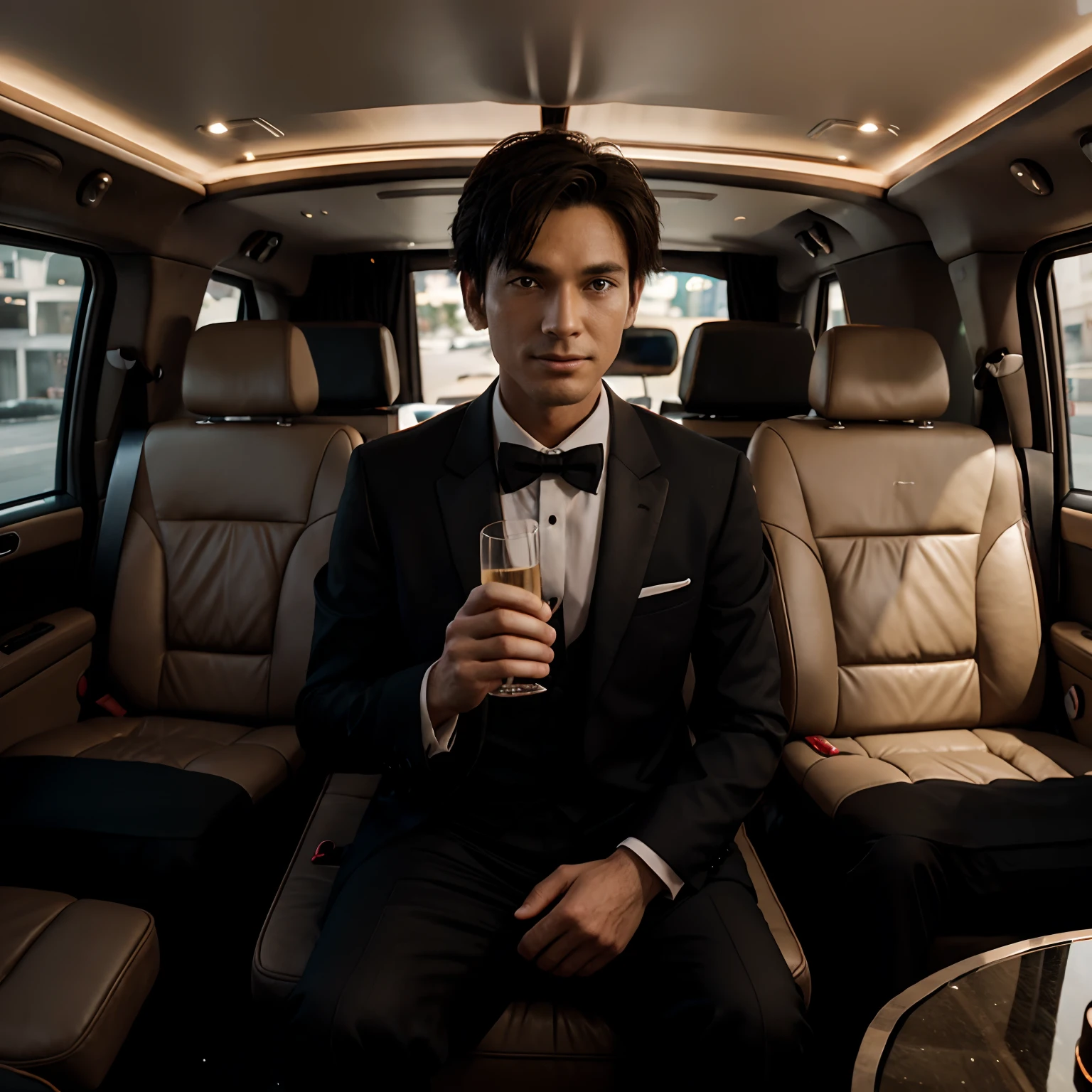 Ash Ketchum wearing a tuxedo in a limousine while drinking champagne