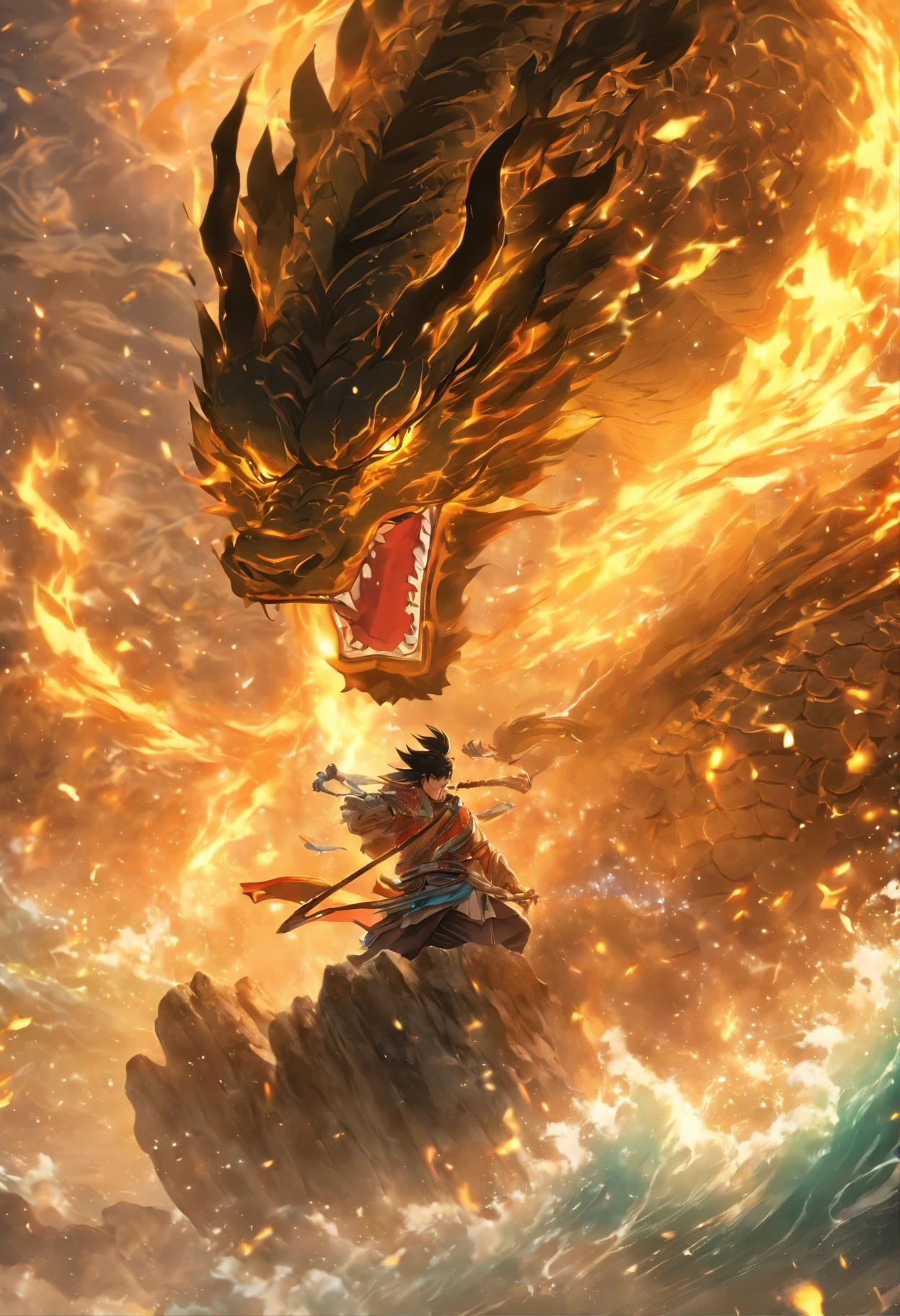(Masterpiece), (best qualtiy), Cinematic quality，rendering by octane，Ultra-detailed details，1 st place: Ancient Chinese boy，Face of a young man，Detailed portrayal of the face，Perfect facial features,(wave:1.5)，Suspended rocks，Rock skin，Splashes of rock and soil，spatter，erupting，blasts，Particle， Gaze towards the viewer, A cloak that covers the whole body,  (Hold a rock knife:1.3), （Behind him，It's a rock dragon：1.5）