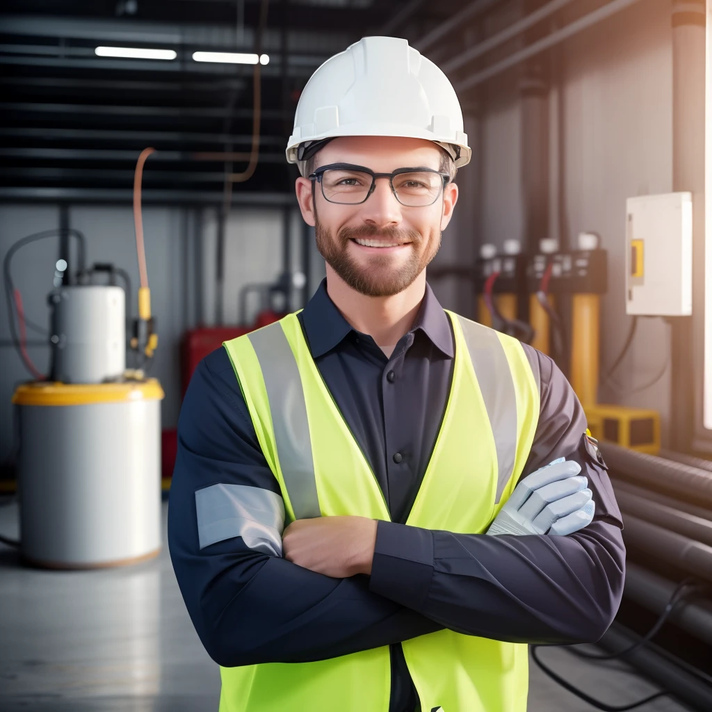 Generate an image of a male electrician, dressed in a uniform suitable for maintaining high voltage equipment, with long sleeves without front opening and wearing black protective gloves. He must be wearing all safety equipment, such as protective glasses and a helmet, which must be white. He must be smiling and with his arms crossed. The uniform must be light gray.Having an industrial environment related to electricity in the background