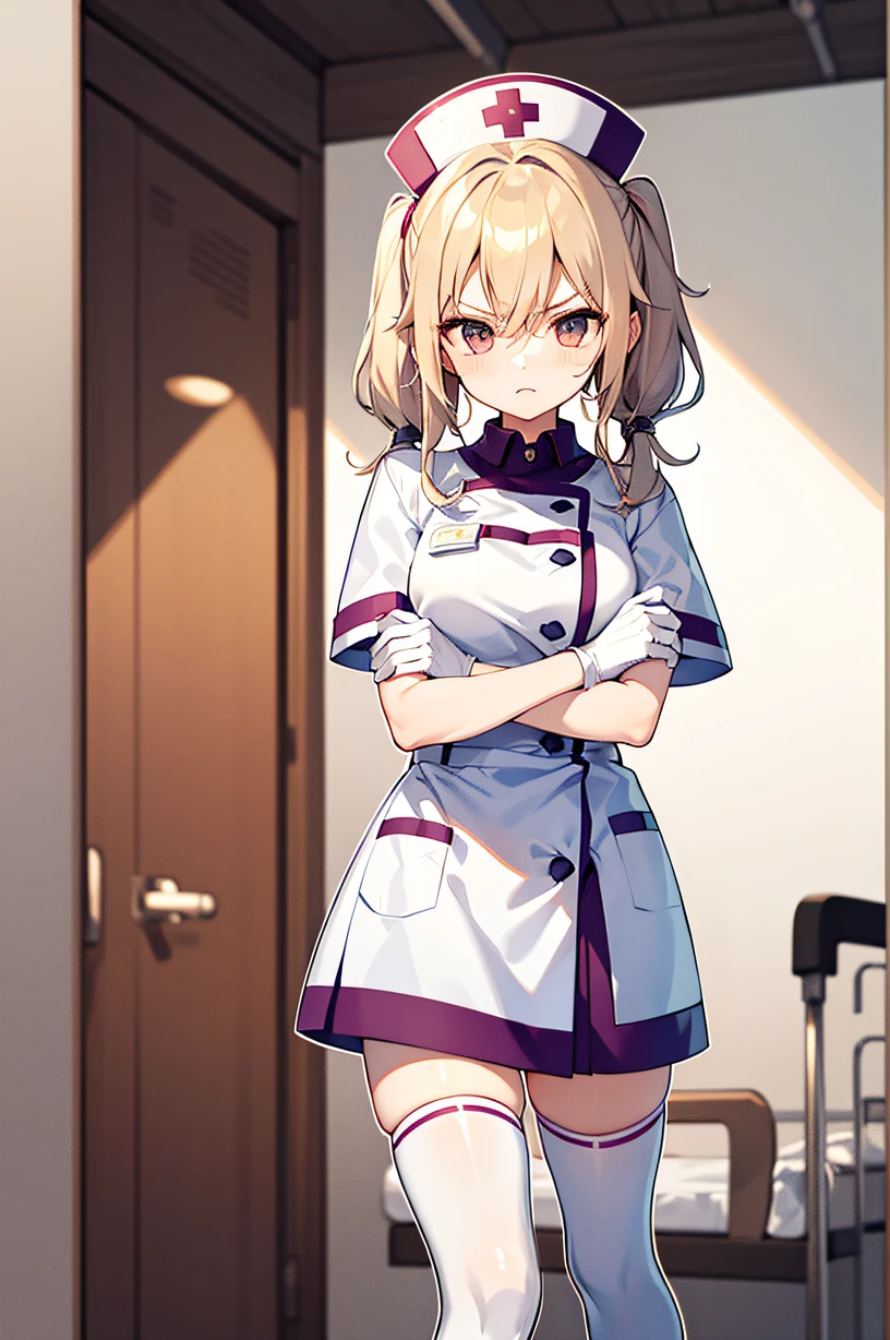 1girl, solo, nurse, nurse cap, white wear, ((white legwear, zettai ryouiki)), white gloves, twintails, yellow hair, purple eyes, angry, crossed arms, standing, ((hospital room)), sharp outline, short sleeves, best quality, masterpiece