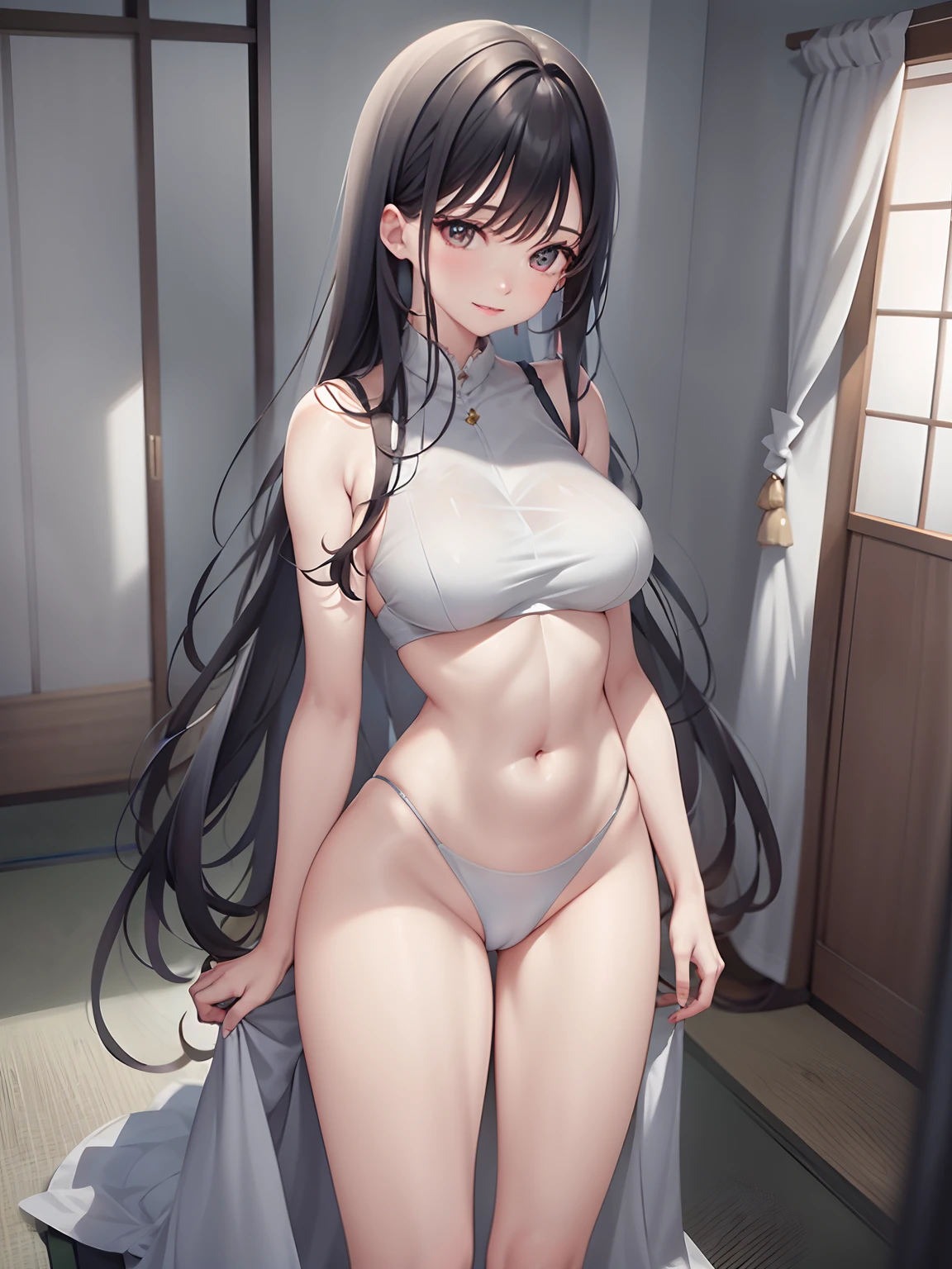 Woman in white shirt and panties posing, Smooth white tight clothes suit, a japanese girl, in a white shirt, smooth translucent white skin, a hyperrealistic schoolgirl, wearing white outfit, a hyperrealistic schoolgirl, in a white shirt, Gorgeous young Japan woman, fine white shirt, gorgeous japanese model, full-body xianxia, wearing translucent sheet