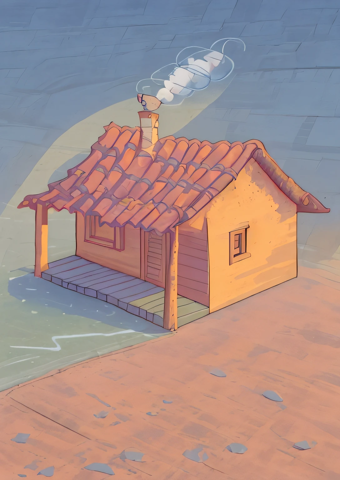 Drawing of a house with a chimney and a roof with a chimney, perspective view, imagem central, casinha, imagem desenhada, cabana, isometric vision, vignette illustration, sombrio, Casa Laffite, an illustration of, telhado arredondado, Directed by: August Černigoj, estruturas danificadas, a digital rendering, An illustraion, inspired by Edo Murtić