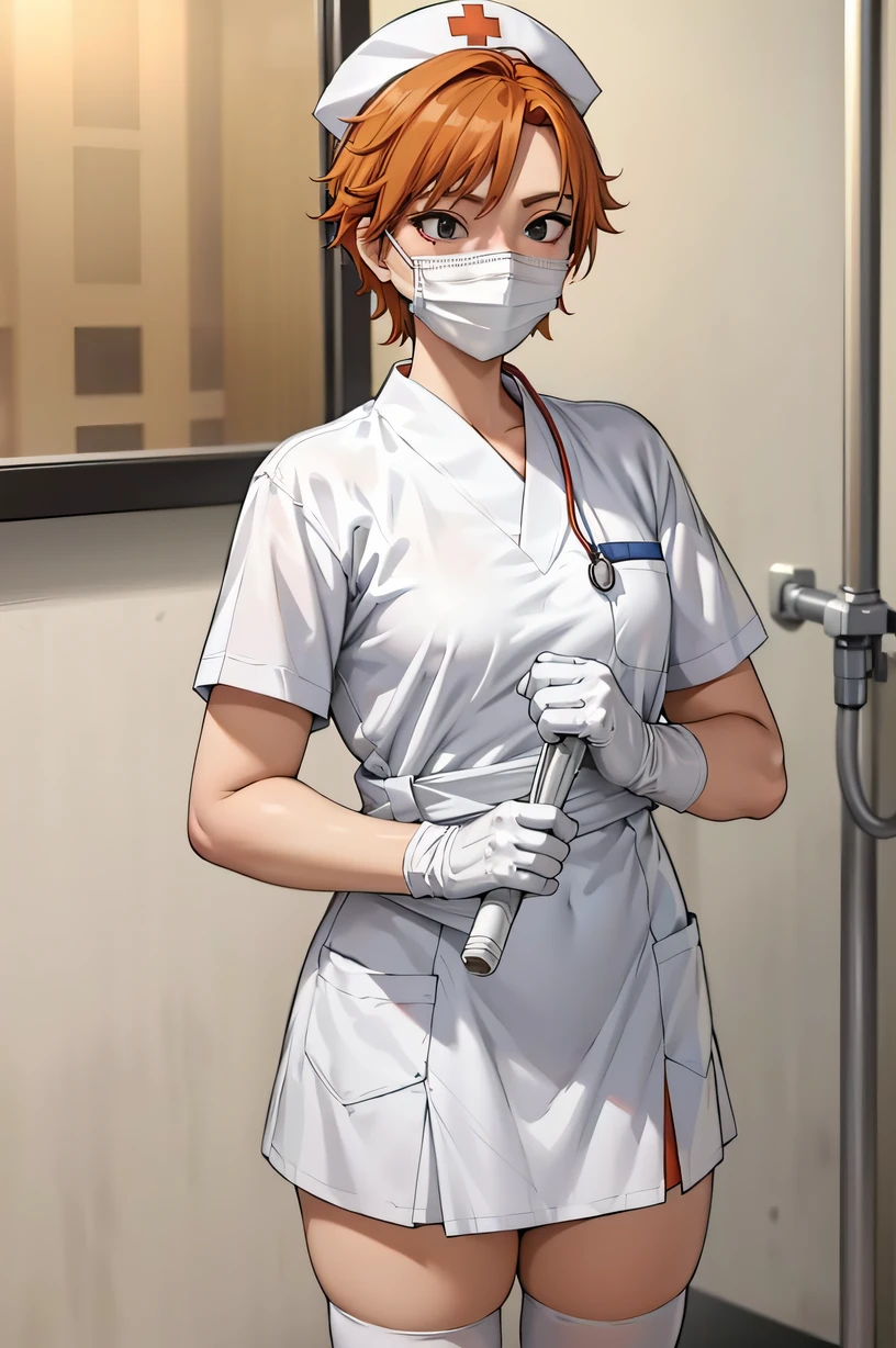 1girl, solo, nurse, nurse cap, white wear, ((white legwear, zettai ryouiki)), white gloves, very short hair, orange hair, ((white surgical mask, covered nose)), standing, ((hospital room)), sharp outline, short sleeves, tomboy, boyish, best quality, masterpiece