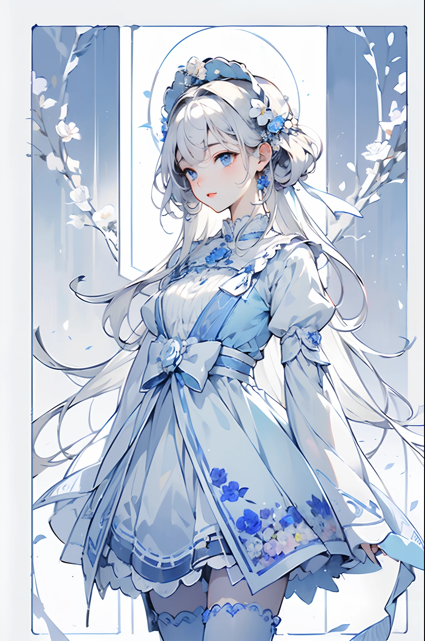 Anime girl with long hair, Anime princess, Beautiful anime girl, anime visual of a cute girl, Soft anime illustration, (Anime girl), Beautiful anime art, dressed in a flower dress,Guviz, style of anime4 K，((White theme:1.75)),((Best quality)),((Masterpiece)),((Ultra-detailed)),(illustration),(Detailed light),(An extremely delicate and beautiful),incredibly_absurderes,(Glowing),(1girll:1.7),Solo,A beautiful girl,(((Cowboy shot))),standing on your feet,((Hosiery)),((Beautiful dress+Long socks):1.25),((Portate)),(leg loops),((Flower headdress)),((Short white hair)),(((beautiful blueish eyes))),((English text)),(flower:1.65),(Rose),(sonoko),(((Border:1.75))),Comfortable animated scenes,