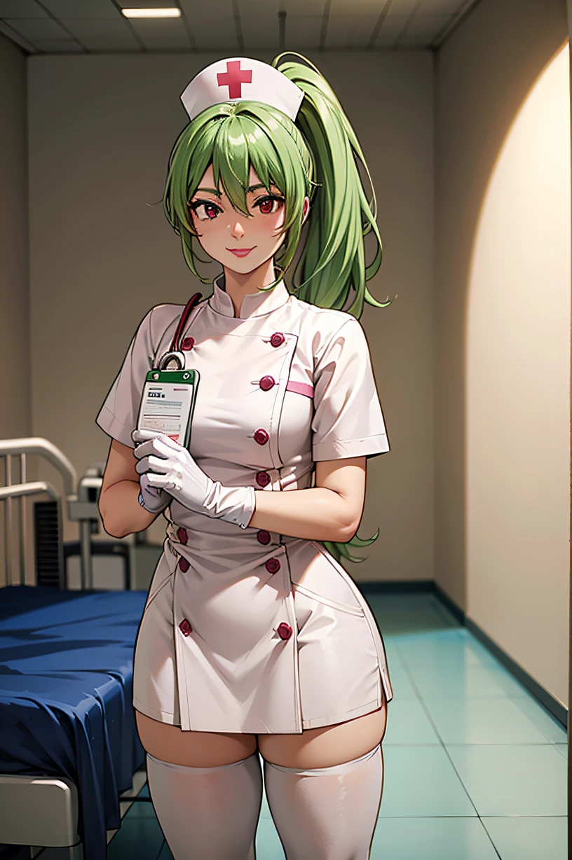 1girl, solo, nurse, nurse cap, white wear, ((white legwear, zettai ryouiki)), white gloves, ponytail, green hair, pink eyes, smile, standing, ((hospital room)), sharp outline, short sleeves, best quality, masterpiece