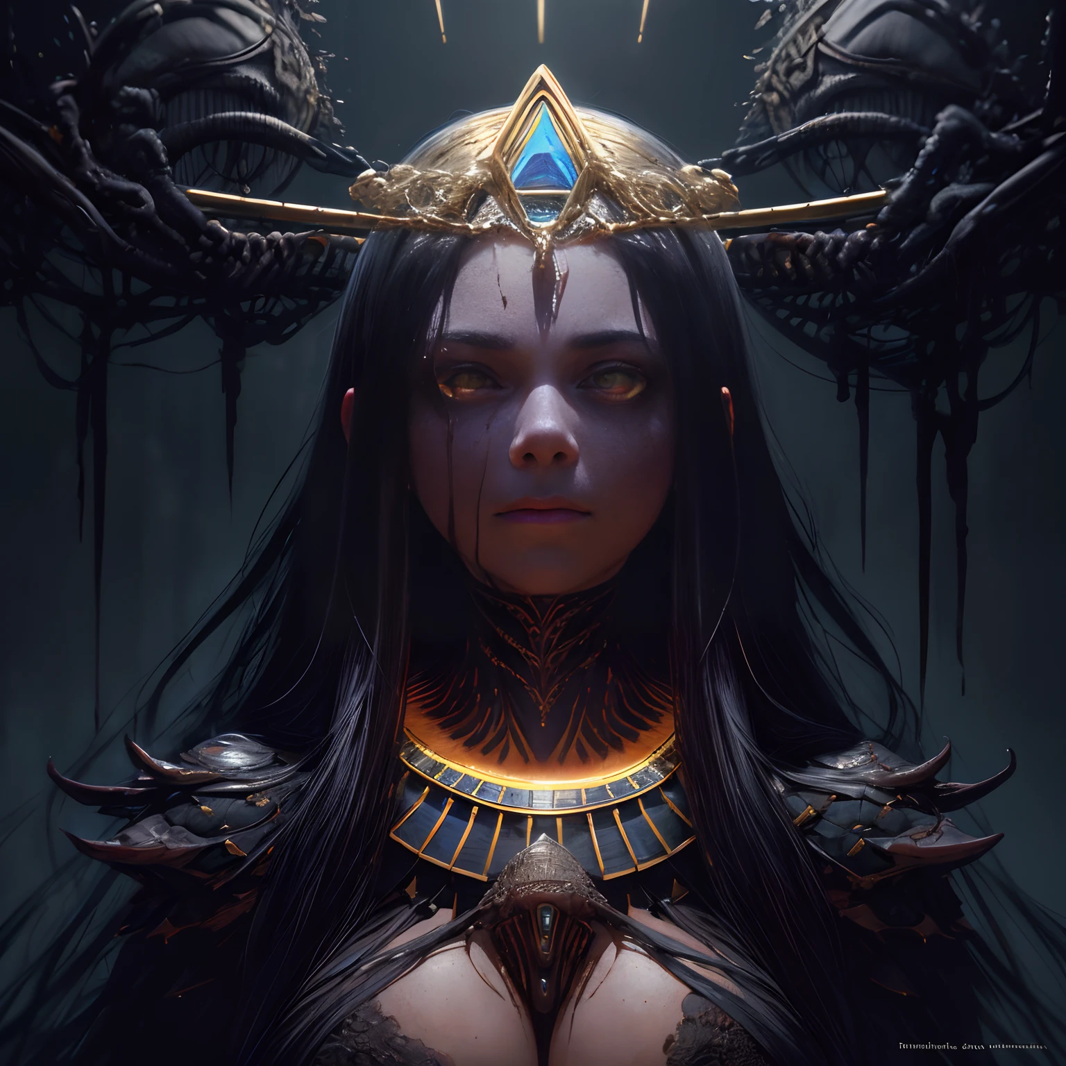 Egyptian Princess, Beautiful, proportion Aurea, Facial Proportion, master part, arte digital, pinceladas suaves, science fiction, Egito, Sci-fi Egyptian Pyramid, Tecnologia, liso, amber eyes, tom de pele de cobre, retrato de corpo inteiro, cintura pequena, garments, voluptuoso, esguio, fino, sexy, princesa, Bonito, alta classe, egyptian background, Marz, ouro, Underground, cabelos pretos, long flowing hair, cabelo bonito, figura sexy, Cocar de joias, Hair,, perfect composition, bonito, detalhado, intrincado, Intricate octane render trend in Artstation, 8 k artistic photography, arte conceitual fotorrealista, soft natural volumetric cinematic perfect light, Chiaroscuro, Fotografia premiada, master part, oil on the canvas, Raphael, Caravaggio, Greg Rutkowski, bipe, Beksinski, Giger