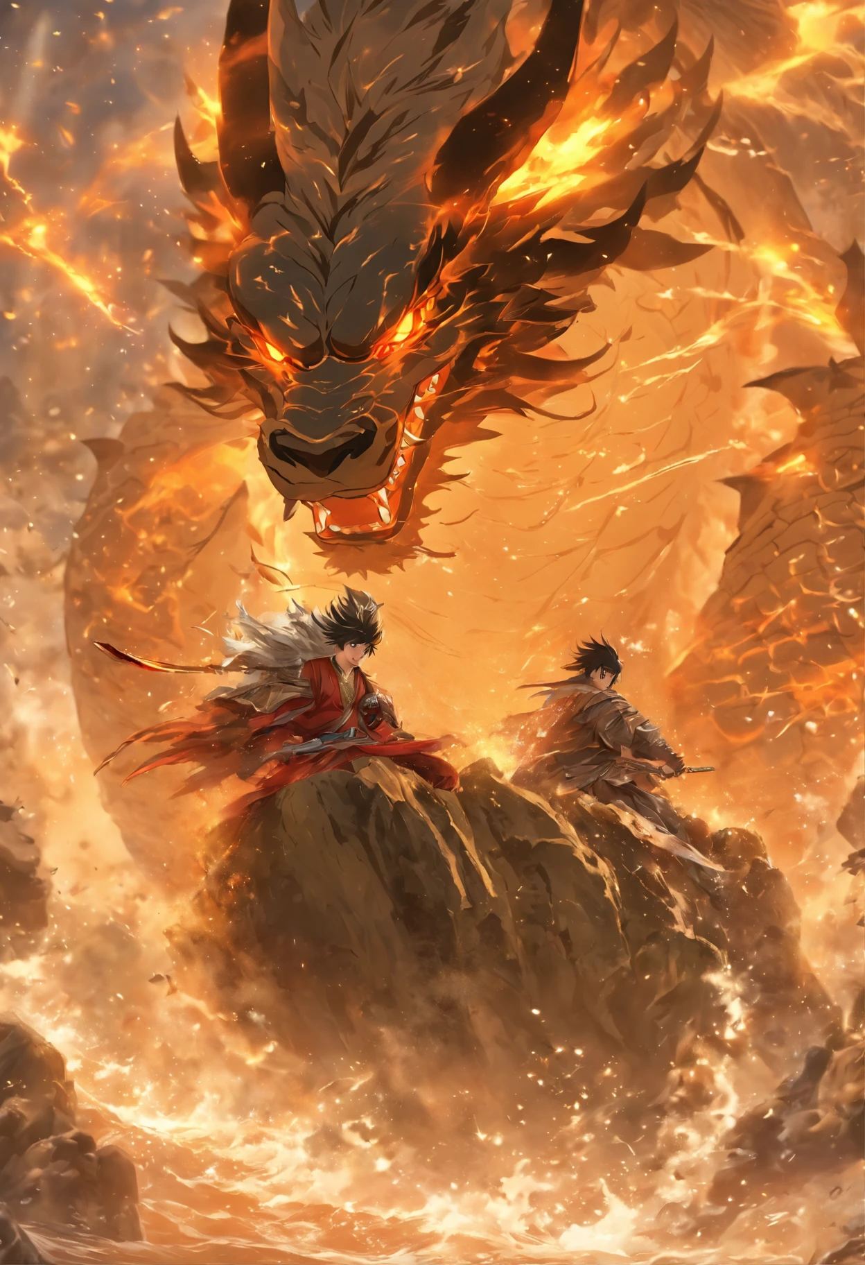 (Masterpiece), (best qualtiy), Cinematic quality，rendering by octane，Ultra-detailed details，1 st place: Ancient Chinese boy，Face of a young man，Detailed portrayal of the face，Perfect facial features,(wave:1.5)，Suspended rocks，Rock skin，Splashes of rocks and soil，spatter，erupting，blasts，Particle， Gaze towards the viewer, A cloak that covers the whole body,  (Holding a rock knife:1.3), （Behind him，It's a rock dragon：1.5）