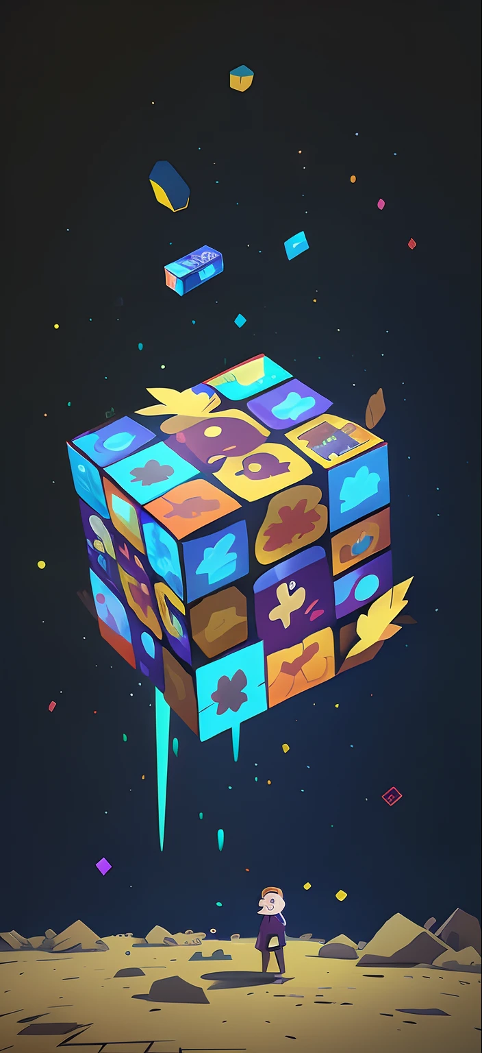 There is a cartoon picture of a cube,There are a lot of pictures on it, Adobe Premier Pro, BBC propaganda artwork, Box art, Adobe Illustrator Art, photography of kurzgesagt, Poster illustration, made in adobe illustrator, 2D/3D mashup poster design, 数字插图 -, made with illustrator, Commercial illustration, '2D graphic design, Digital illustration