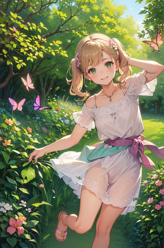 (best quality, highres, ultra-detailed), realistic, (portrait:1.2), (vivid colors), (soft lighting), (medium:oil painting), (color palette:green), (background:lush garden), (detailed flowers and trees), (sunlight filtering through foliage), (gentle breeze), (playful expression), (standing pose), (surrounded by butterflies), (happy atmosphere), (blurred background), (innocent smile), (carefree mood), (freckles), (joyful eyes), (delicate features), (natural sunlight:1.1), (soft shadows), (whimsical elements), (shimmering highlights), (subtle facial contours), (expressive eyes:1.1), (pink rosy cheeks), (subtle hair strands), (loose pigtails), (dynamic movement), (playful charm), (peaceful ambiance), (harmonious composition), (colorful floral patterns on skirt), (dainty slippers), (grass and flower petals at feet), (beautifully styled hair).