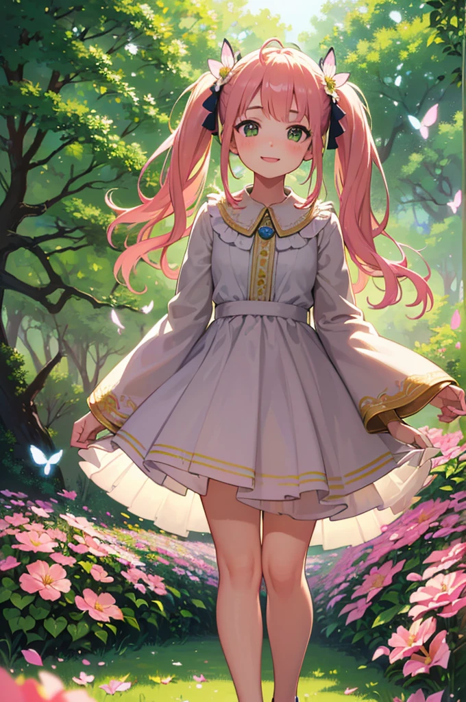 (best quality, highres, ultra-detailed), realistic, (portrait:1.2), (vivid colors), (soft lighting), (medium:oil painting), (color palette:green), (background:lush garden), (detailed flowers and trees), (sunlight filtering through foliage), (gentle breeze), (playful expression), (standing pose), (surrounded by butterflies), (happy atmosphere), (blurred background), (innocent smile), (carefree mood), (freckles), (joyful eyes), (delicate features), (natural sunlight:1.1), (soft shadows), (whimsical elements), (shimmering highlights), (subtle facial contours), (expressive eyes:1.1), (pink rosy cheeks), (subtle hair strands), (loose pigtails), (dynamic movement), (playful charm), (peaceful ambiance), (harmonious composition), (colorful floral patterns on skirt), (dainty slippers), (grass and flower petals at feet), (beautifully styled hair).
