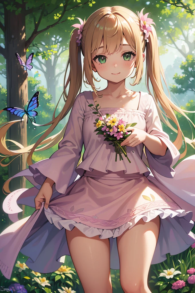 (best quality, highres, ultra-detailed), realistic, (portrait:1.2), (vivid colors), (soft lighting), (medium:oil painting), (color palette:green), (background:lush garden), (detailed flowers and trees), (sunlight filtering through foliage), (gentle breeze), (playful expression), (standing pose), (surrounded by butterflies), (happy atmosphere), (blurred background), (innocent smile), (carefree mood), (freckles), (joyful eyes), (delicate features), (natural sunlight:1.1), (soft shadows), (whimsical elements), (shimmering highlights), (subtle facial contours), (expressive eyes:1.1), (pink rosy cheeks), (subtle hair strands), (loose pigtails), (dynamic movement), (playful charm), (peaceful ambiance), (harmonious composition), (colorful floral patterns on skirt), (dainty slippers), (grass and flower petals at feet), (beautifully styled hair).