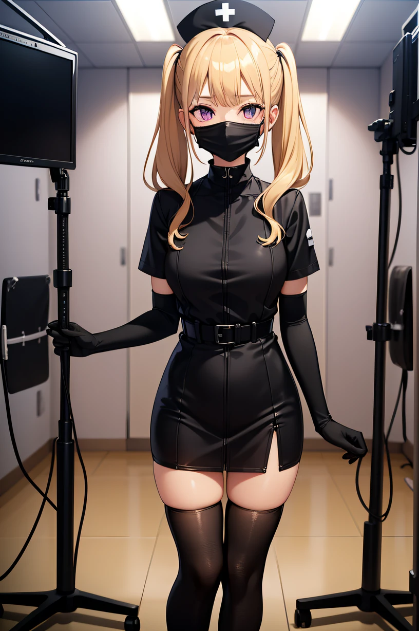 black nurse, 1girl, solo, black nurse cap, black wear, ((black legwear, zettai ryouiki)), black elbow gloves, twintails, yellow hair, purple eyes, ((black surgical mask, covered nose)), standing, ((surgery room)), sharp outline, short sleeves, best quality, masterpiece