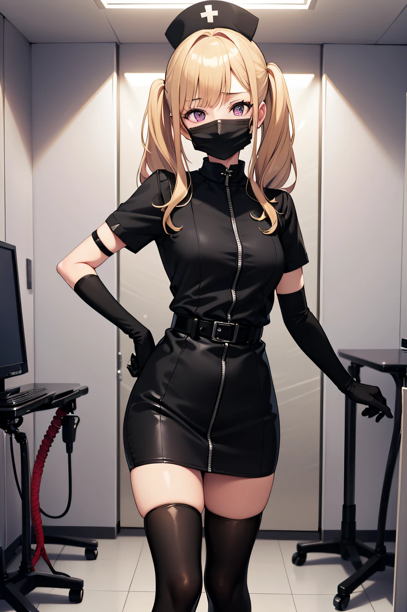 black nurse, 1girl, solo, black nurse cap, black wear, ((black legwear, zettai ryouiki)), black elbow gloves, twintails, yellow hair, purple eyes, ((black surgical mask, covered nose)), standing, ((surgery room)), sharp outline, short sleeves, best quality, masterpiece