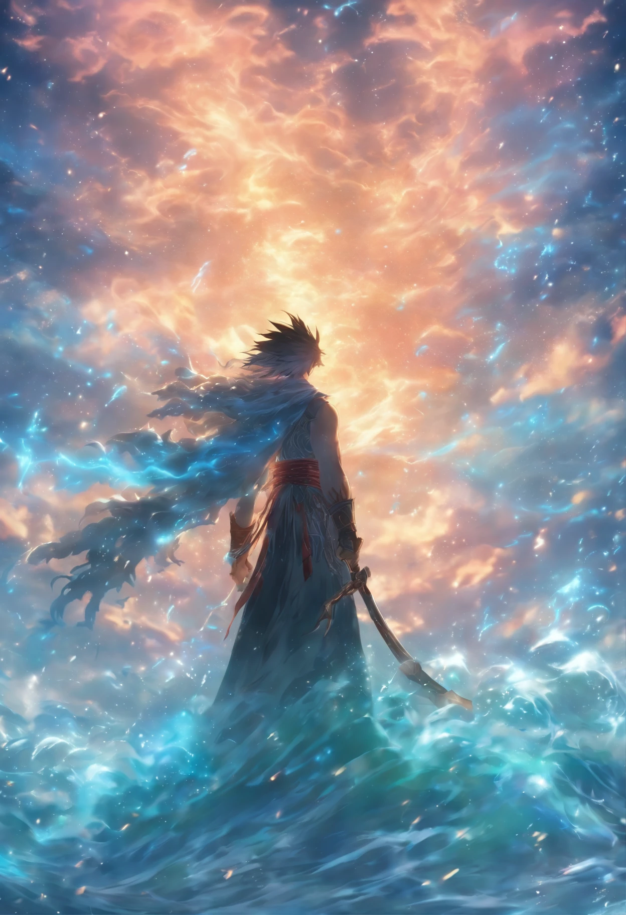 (Masterpiece), (best qualtiy), Cinematic quality，rendering by octane，Ultra-detailed details，1 man，Face of a young man，Detailed portrayal of the face，Perfect facial features,(wave:1.5)，Eau，spatter，erupting，Ice crystals，Particle，fluids， gazing, watch audience, A cloak that covers the whole body,（full bodyesbian ：1.3）， (Armed with a death scythe:1.2), （Behind him was a huge water dragon：1.5）