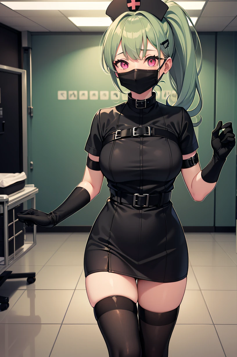 black nurse, 1girl, solo, black nurse cap, black wear, ((black legwear, zettai ryouiki)), black elbow gloves, ponytail, green hair, pink eyes, ((black surgical mask, covered nose)), standing, ((surgery room)), sharp outline, short sleeves, best quality, masterpiece