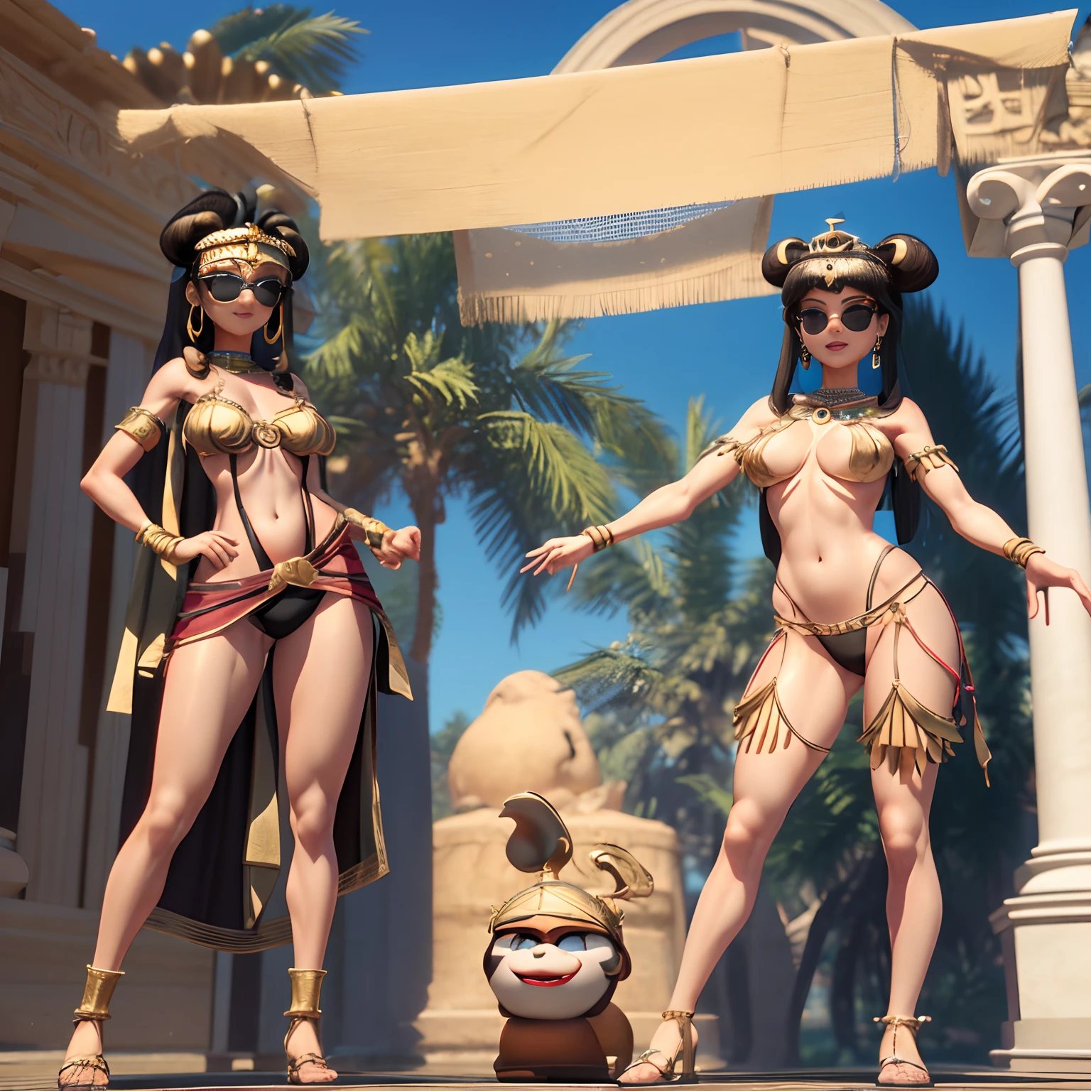 3d render of female character, front and side view, cute little ( cleopatra with sunglasses )' head, in the style of playful animation, gongbi, photo-realistic hyperbole, disney animation, light brown and white, youthful protagonists, ironical