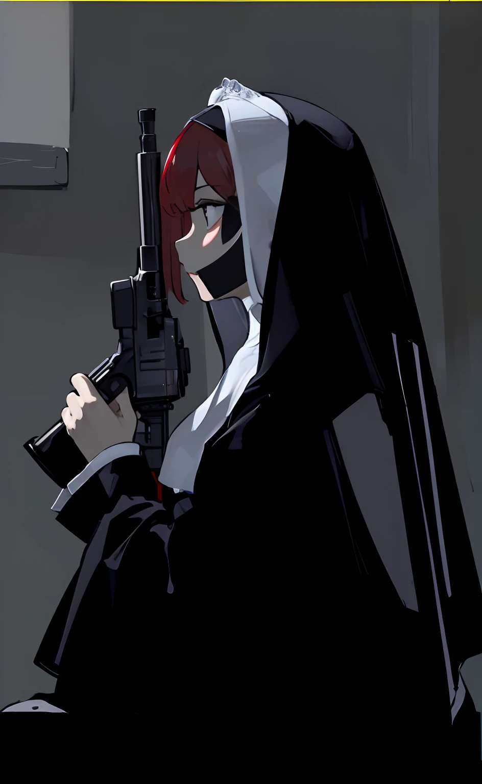 (Masterpiece:1.3), (Best quality: 1.4), Extremely delicate and beautiful, Amazing, finedetail, Masterpiece, Ultra-detailed, High quality, (1female), Beautiful face, Side painting,lewd nun,The red-haired,holding gun