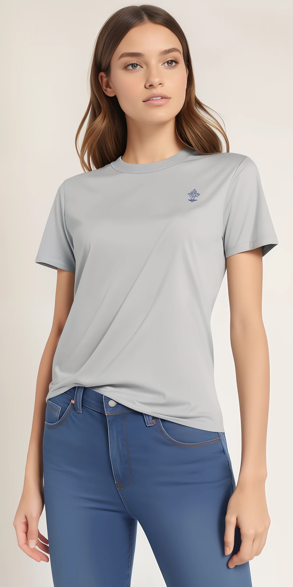 uma mulher vestindo uma camiseta cinza e jeans, camisa cinza, vestindo uma camiseta, mangas curtas, basic clothing, wearing pants and a t-shirt, usando roupas casuais, vestindo uma camisa clara, roupas casuais modernas, T - Camisa, camiseta, roupas cinzas, vestindo bermuda e camiseta, vestindo camiseta e combates, roupas casuais